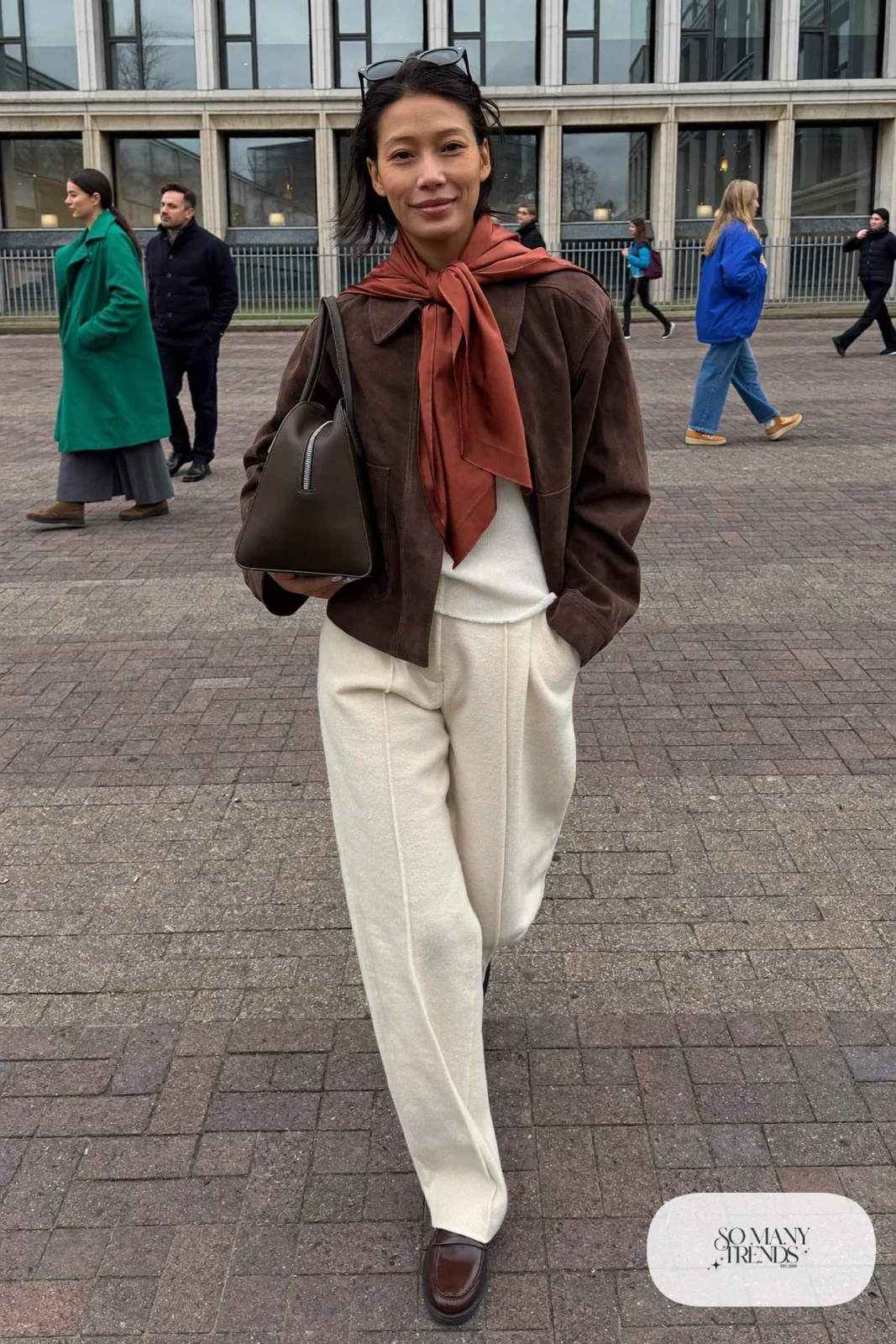 chocolate brown boxy suede jacket cream straight pants silk scarf brown loafers outfit 4
