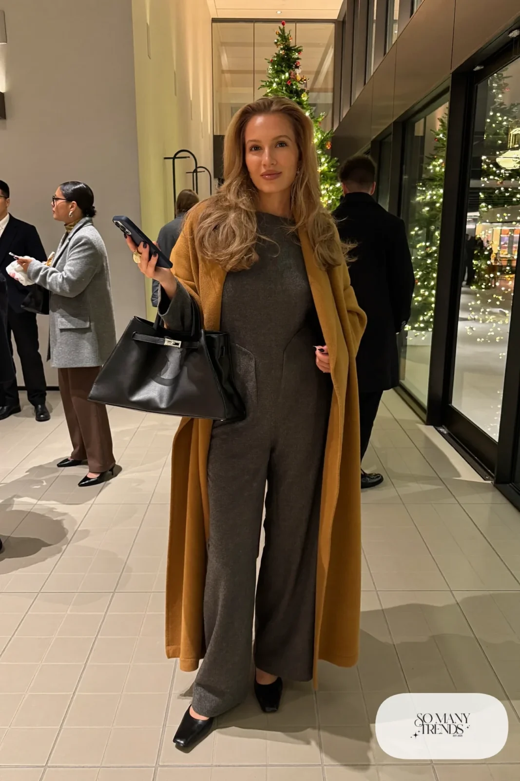 charcoal wide-leg jumpsuit long camel cardigan coat black pumps outfit 6