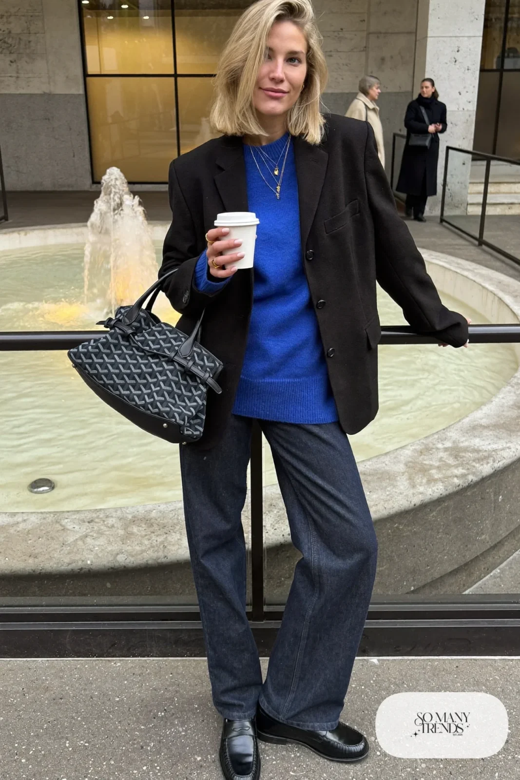 dark straight-leg jeans cobalt blue sweater oversized black blazer black loafers gold necklaces outfit 7