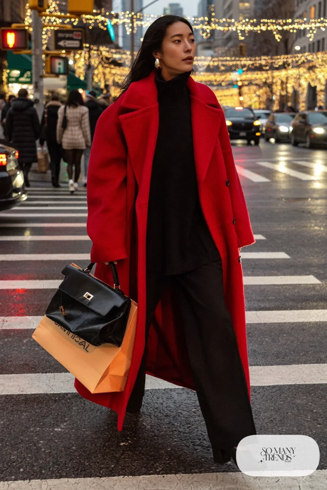 long cherry red wool coat black turtleneck black wide-leg pants black block heel boots outfit 11