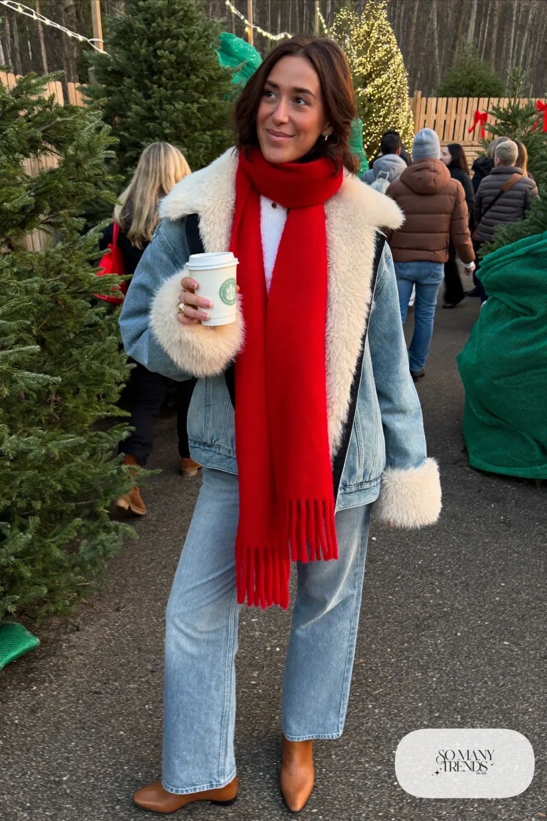 boxy denim jacket faux fur collar white sweater light straight jeans tan boots red scarf outfit 13