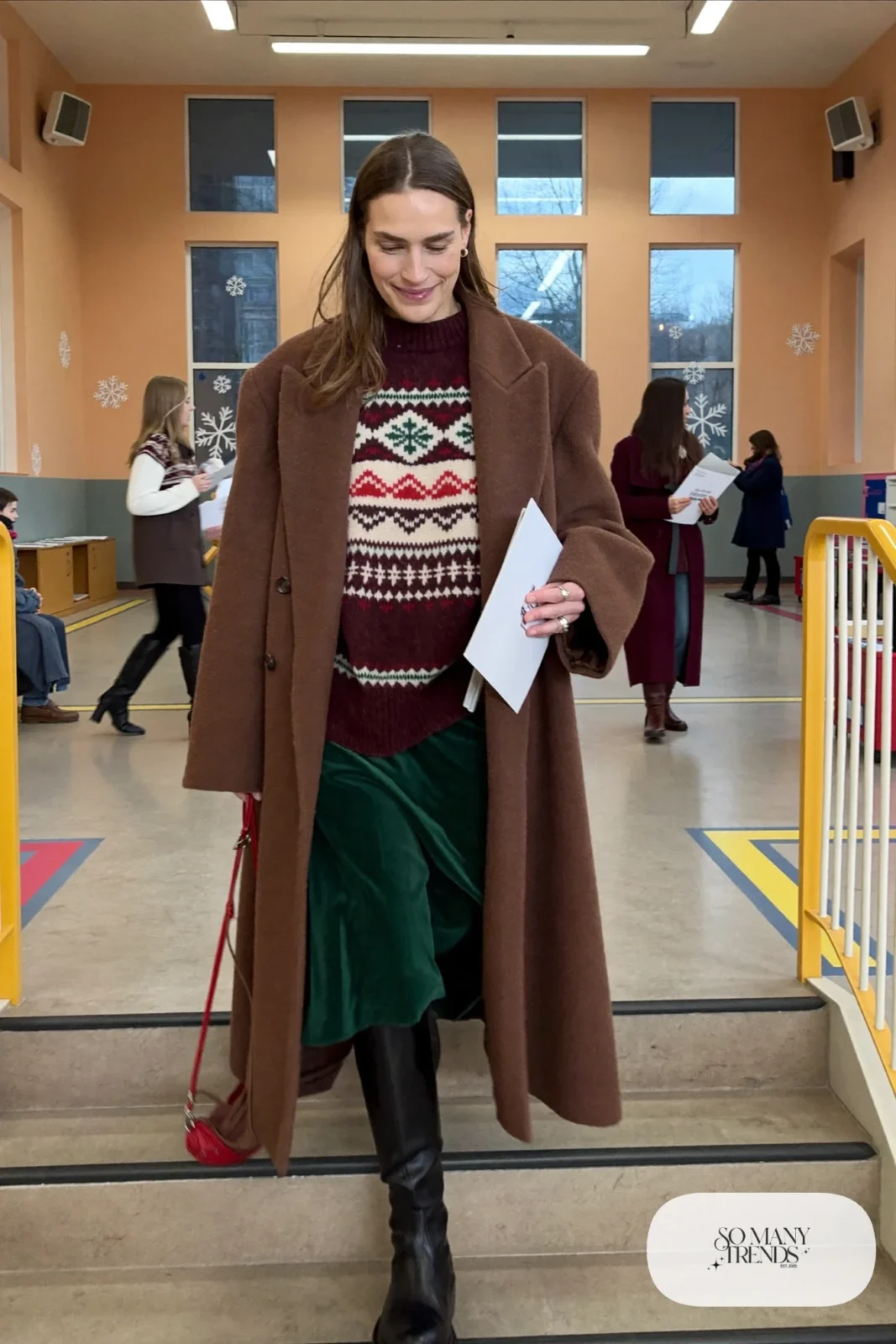 deep green velvet midi skirt Fair Isle sweater knee-high black boots camel coat outfit 15