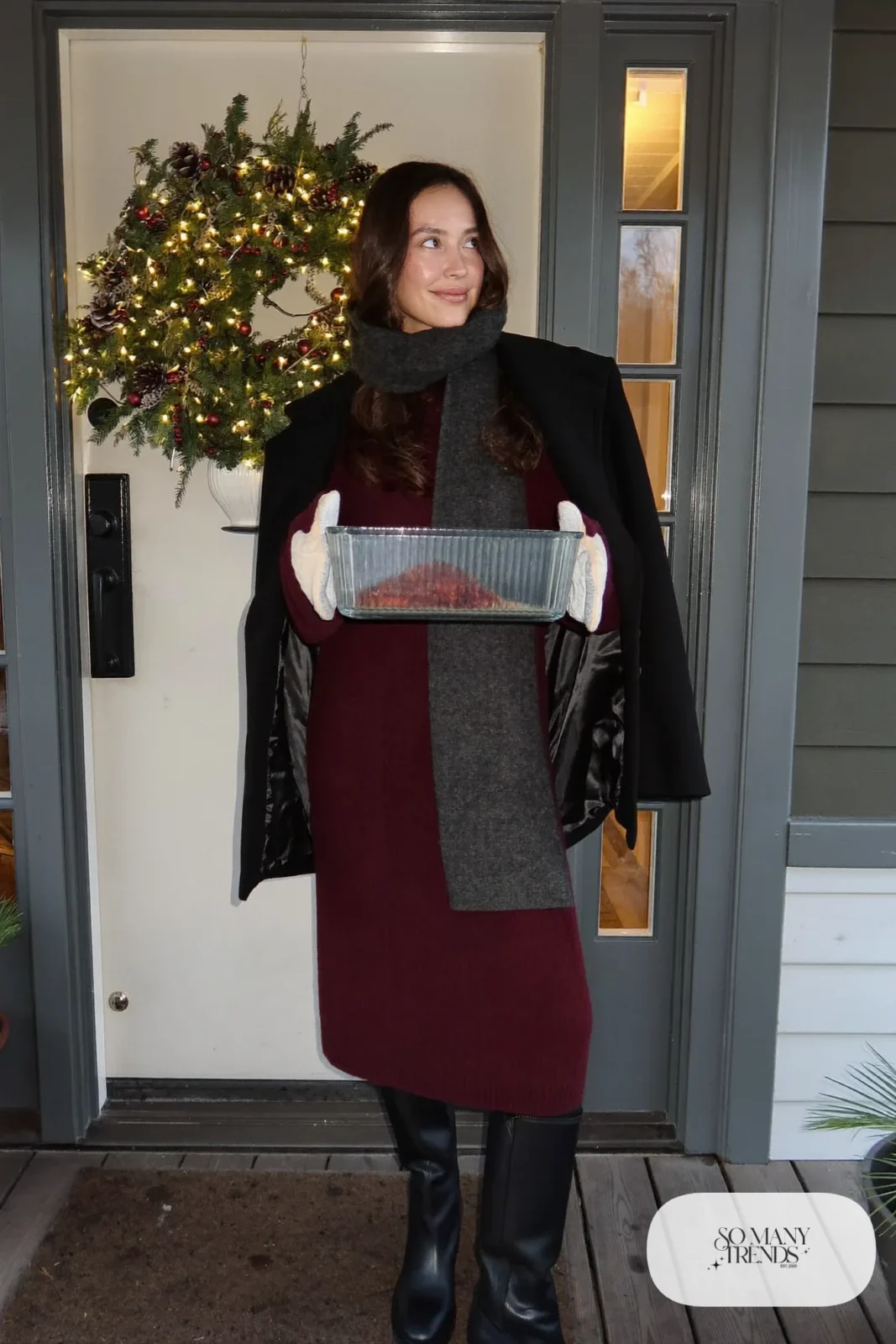 burgundy cable-knit midi sweater dress tall boots long wool scarf outfit 17