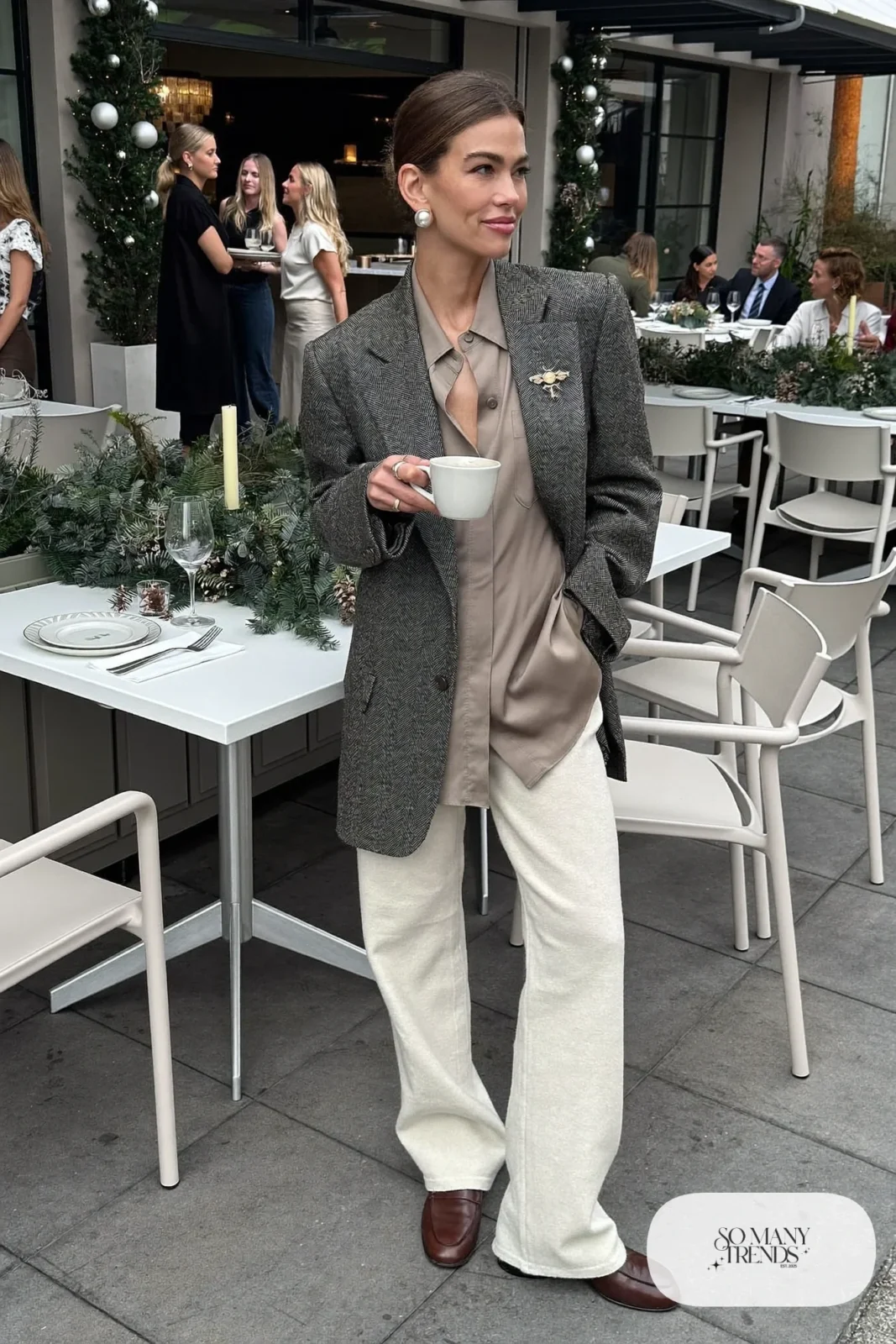 oversized tweed blazer silk blouse straight cream pants loafers pearl earrings outfit 18