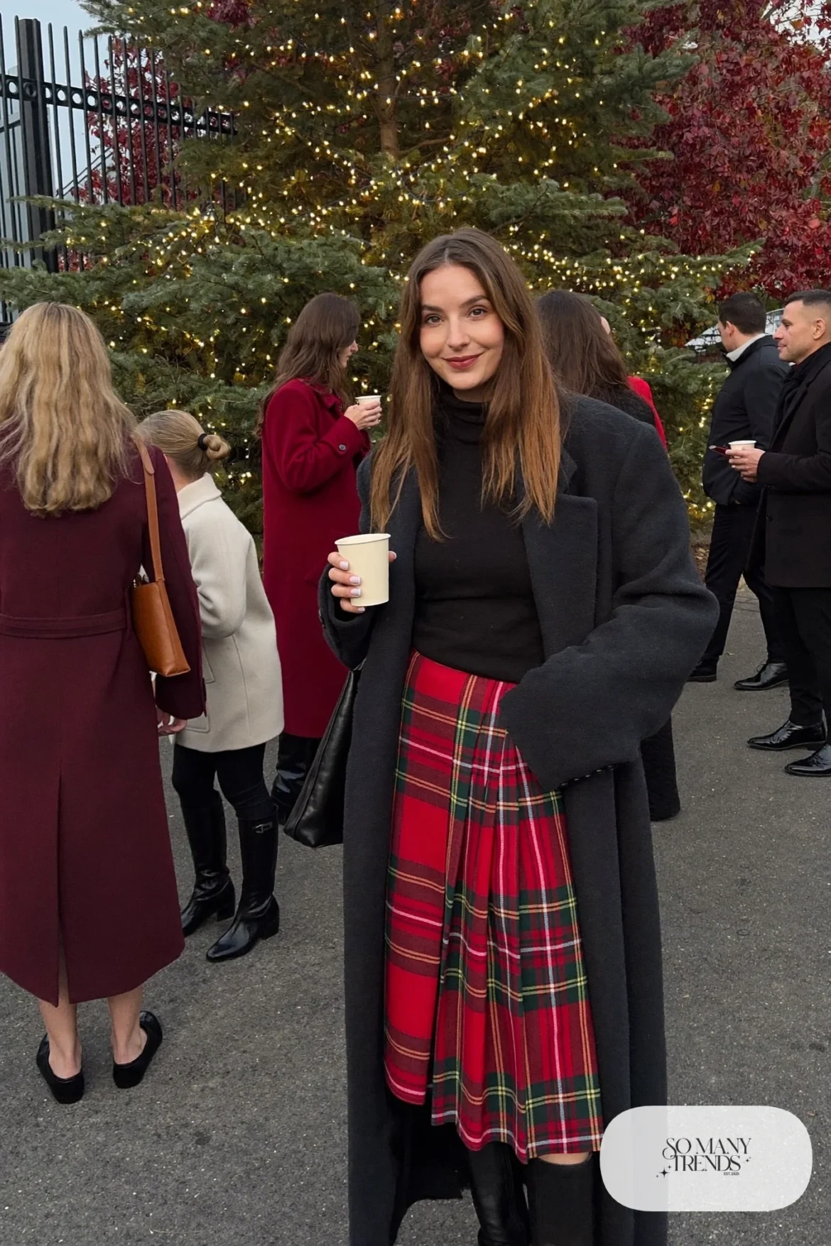 red green plaid pleated midi skirt black turtleneck knee-high boots long coat outfit 19