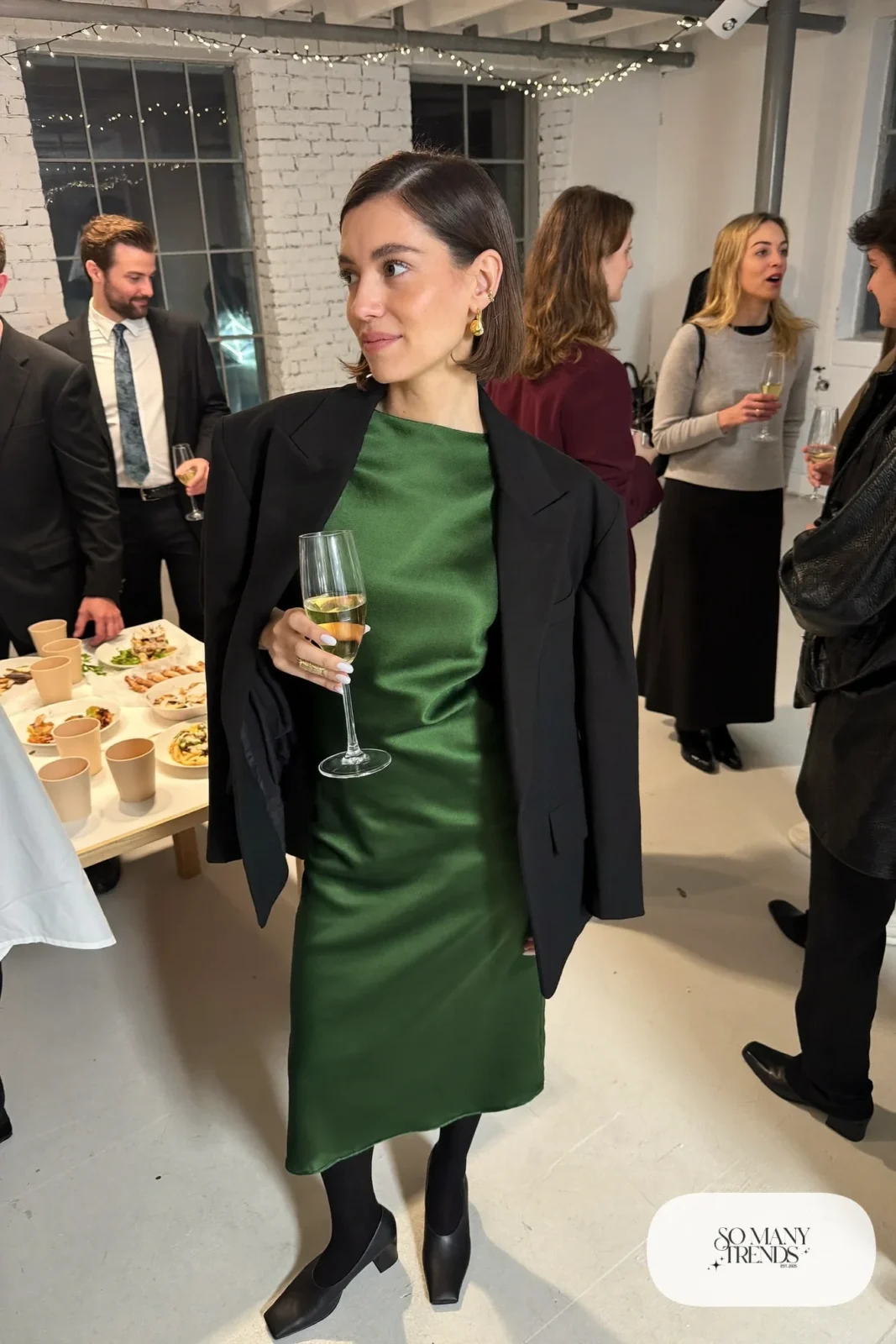 deep green satin midi slip dress oversized black blazer closed-toe heels sheer tights outfit 21