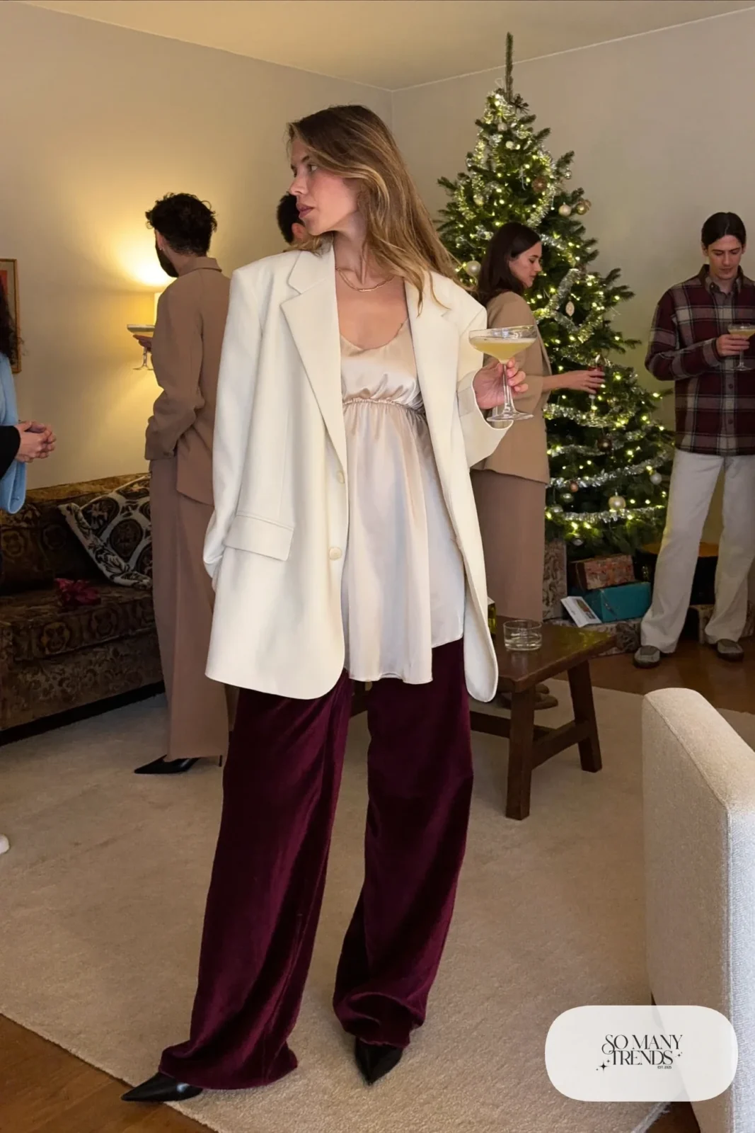 burgundy velvet wide-leg pants champagne silk camisole oversized blazer pointed flats outfit 22