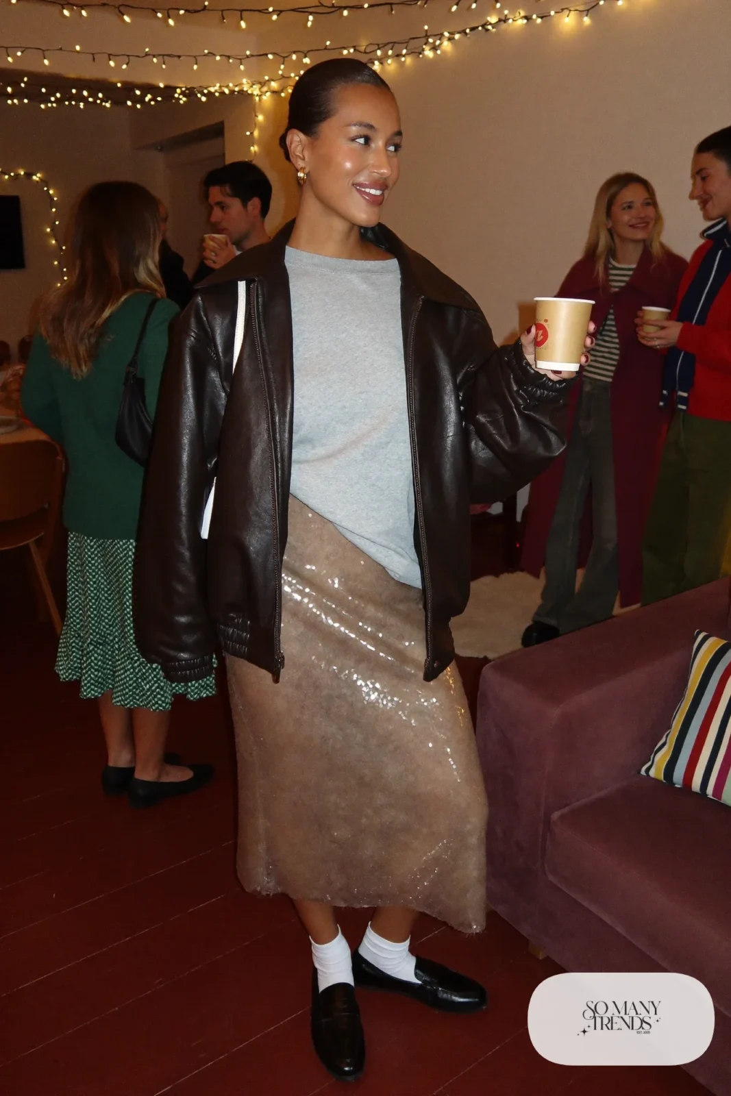 champagne sequin midi skirt heather gray sweatshirt black loafers leather jacket outfit 25
