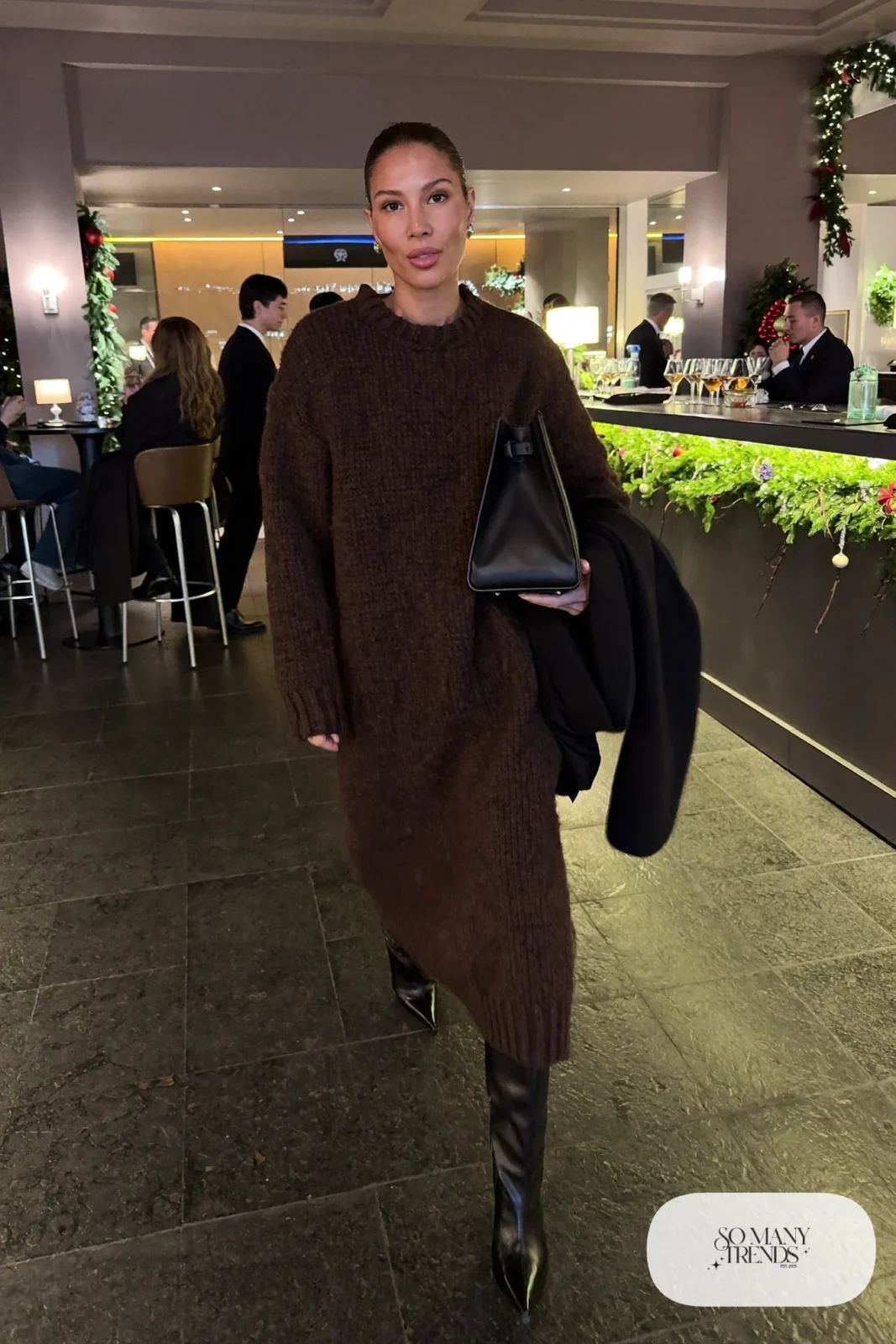 chocolate brown knit sweater and midi skirt set pointed boots leather bag long coat outfit 26
