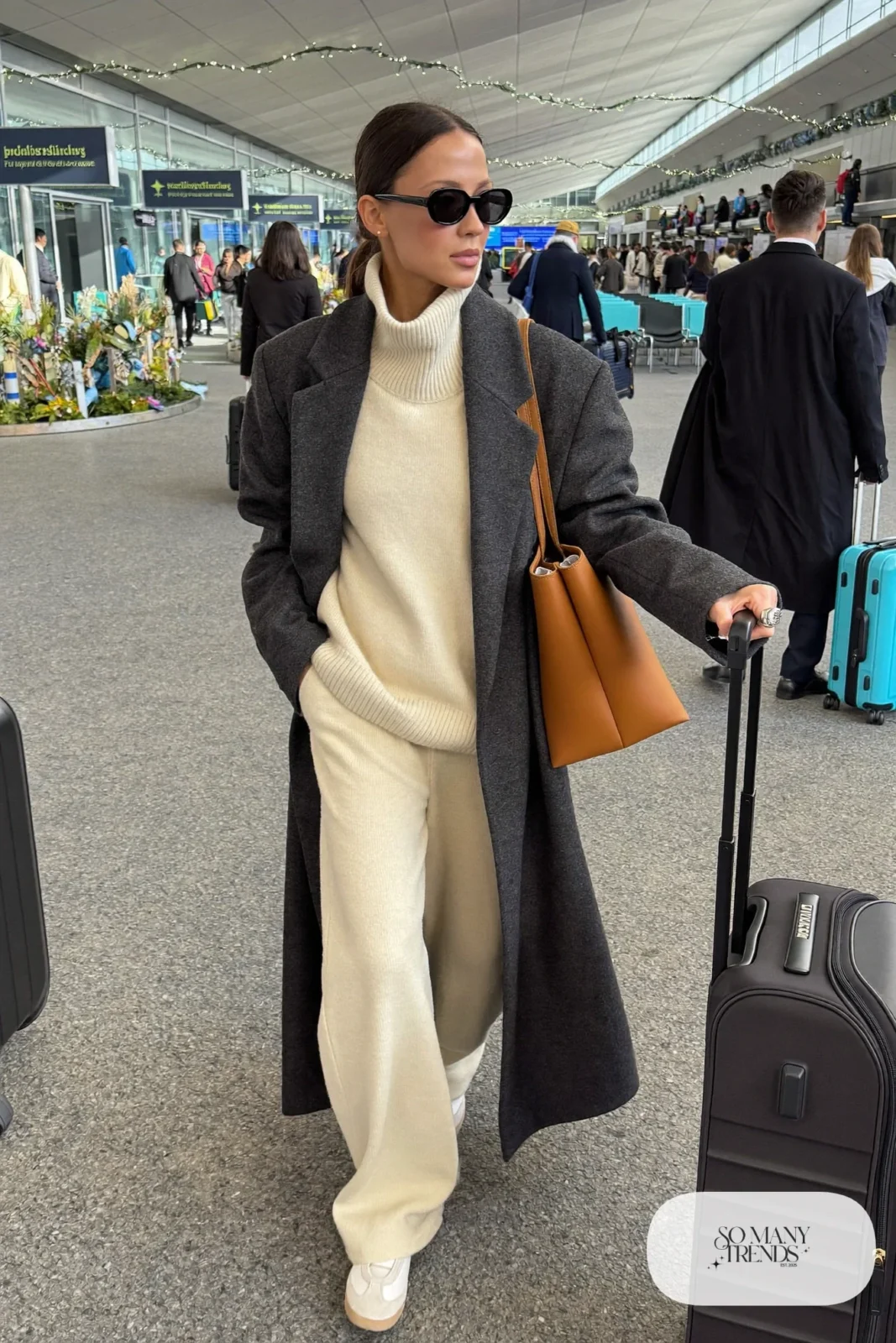 oatmeal knit pullover wide-leg pants set long coat slip-on sneakers tote outfit 30