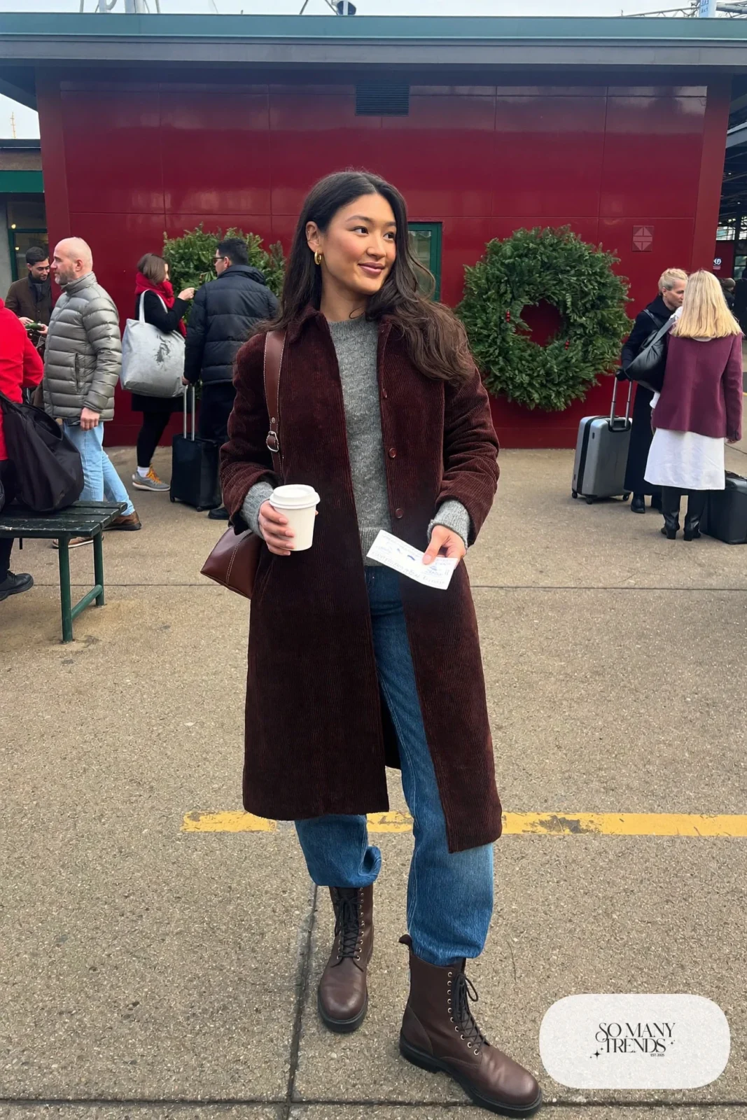 tobacco corduroy chore coat gray sweater straight jeans lace-up boots backpack outfit 32