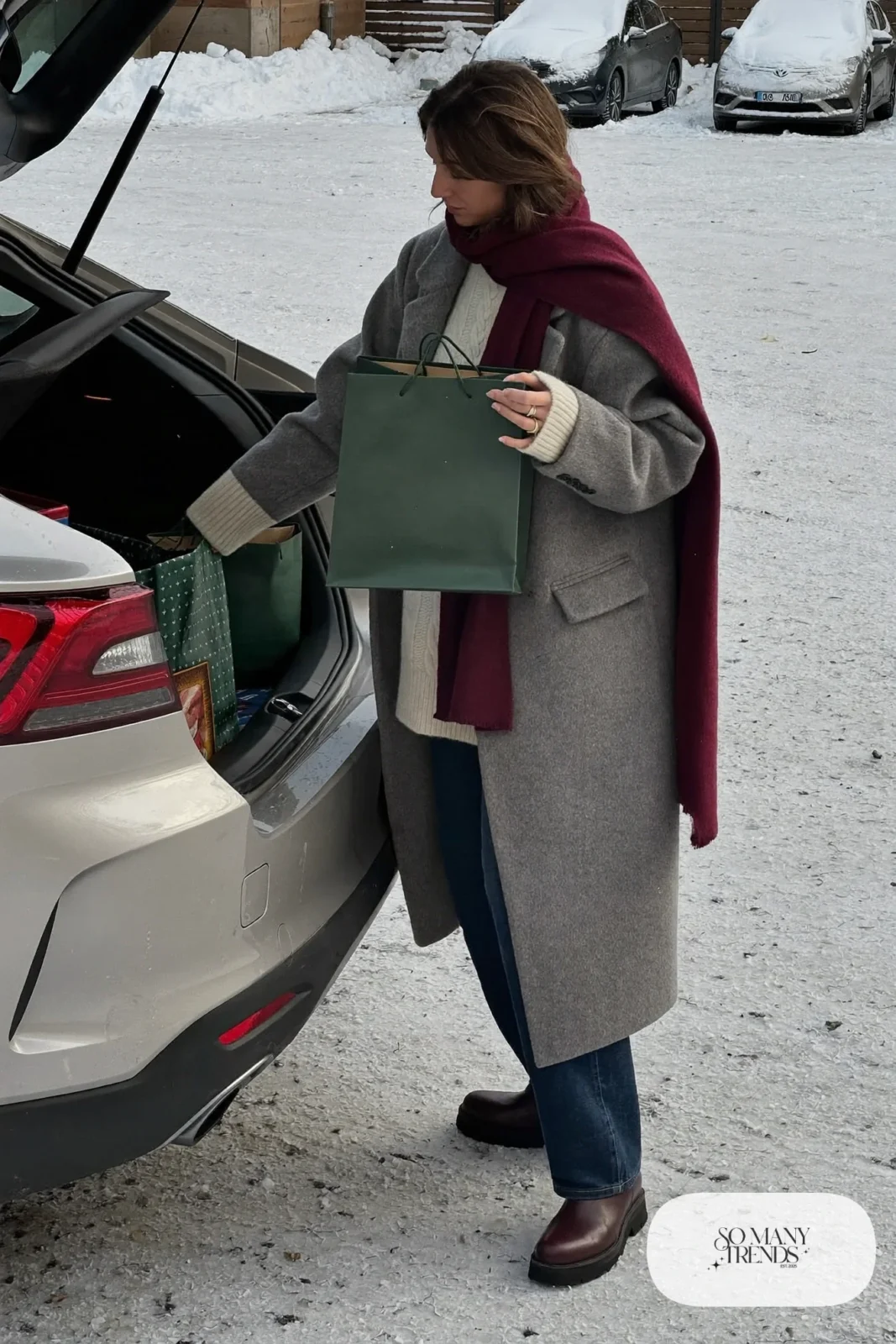 gray wool coat cream thick sweater straight jeans leather ankle boots scarf outfit 33