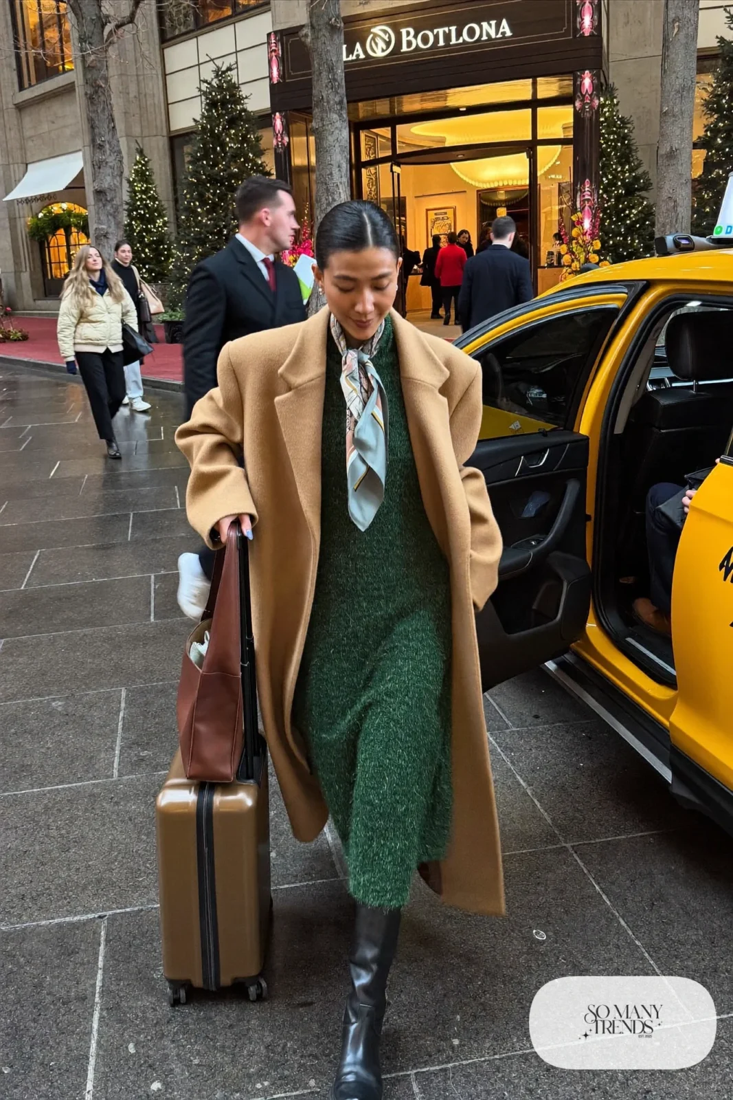 forest green knit midi dress tall black boots long camel coat silk scarf outfit 35