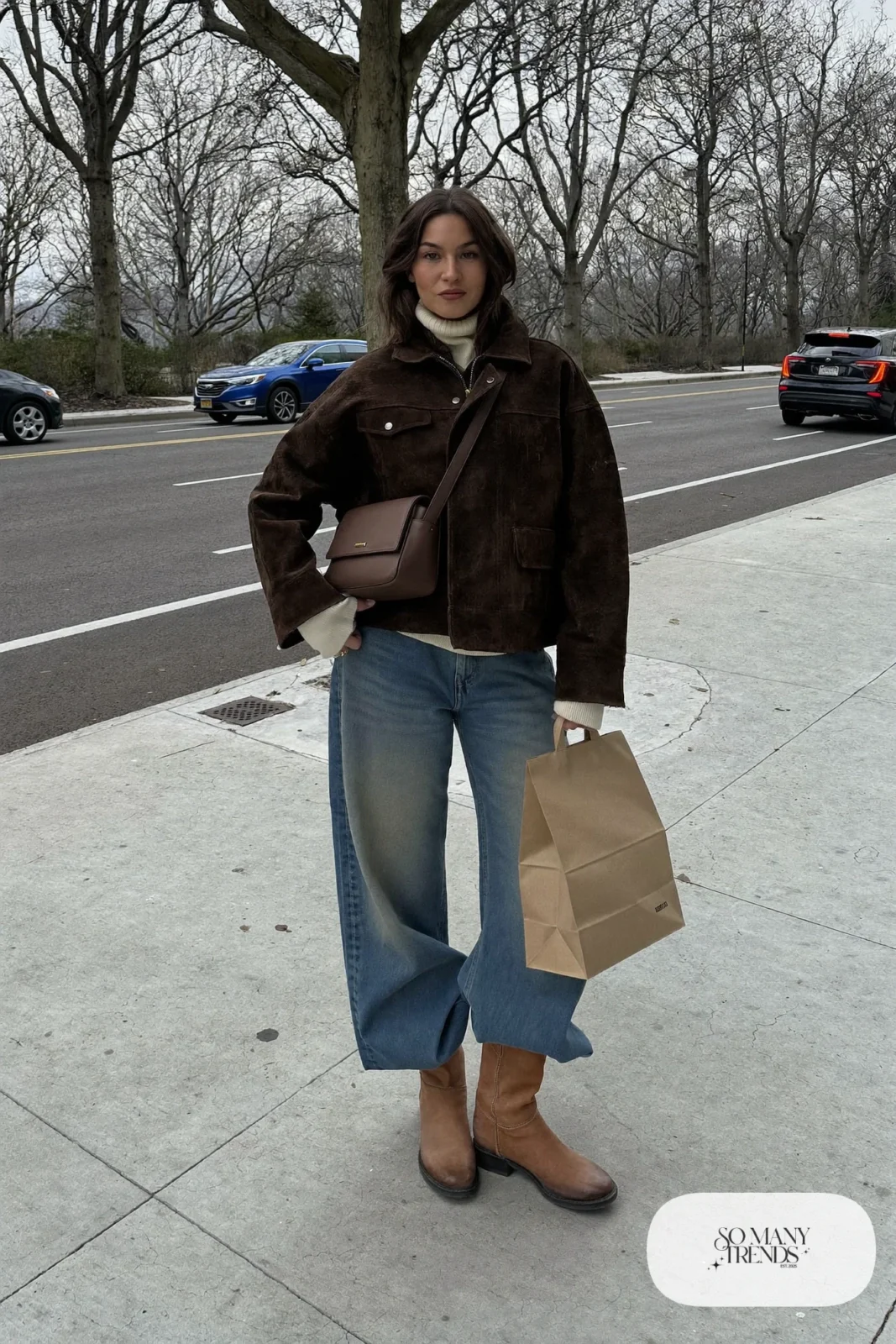 boxy chocolate brown suede jacket cream turtleneck wide-leg mid-wash jeans tan leather boots crossbody bag january outfit 3