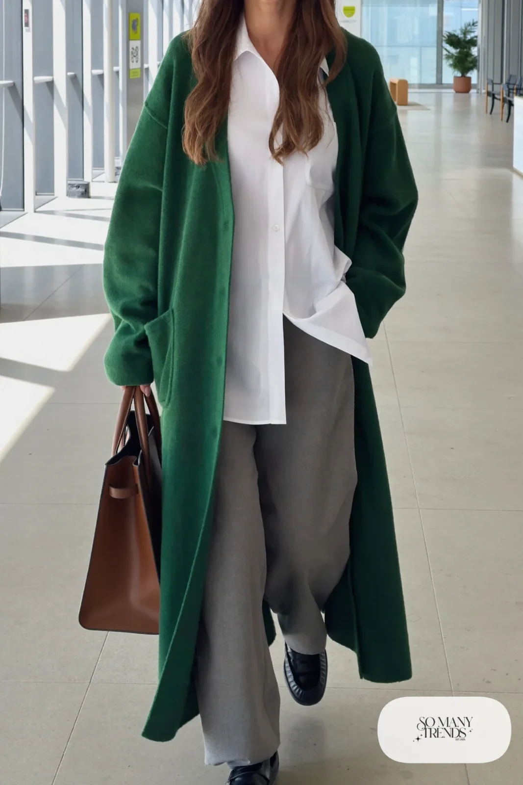 long forest green wool cardigan coat white button-up shirt gray wide-leg pants black loafers socks leather tote january outfit 4