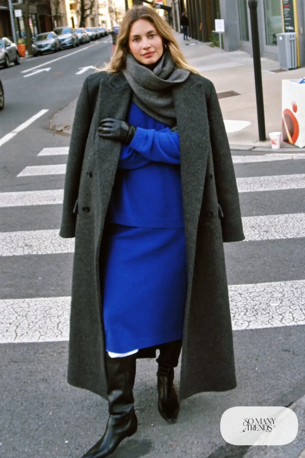 cobalt blue midi sweater dress long charcoal wool coat black knee-high boots black gloves gray scarf january outfit 5