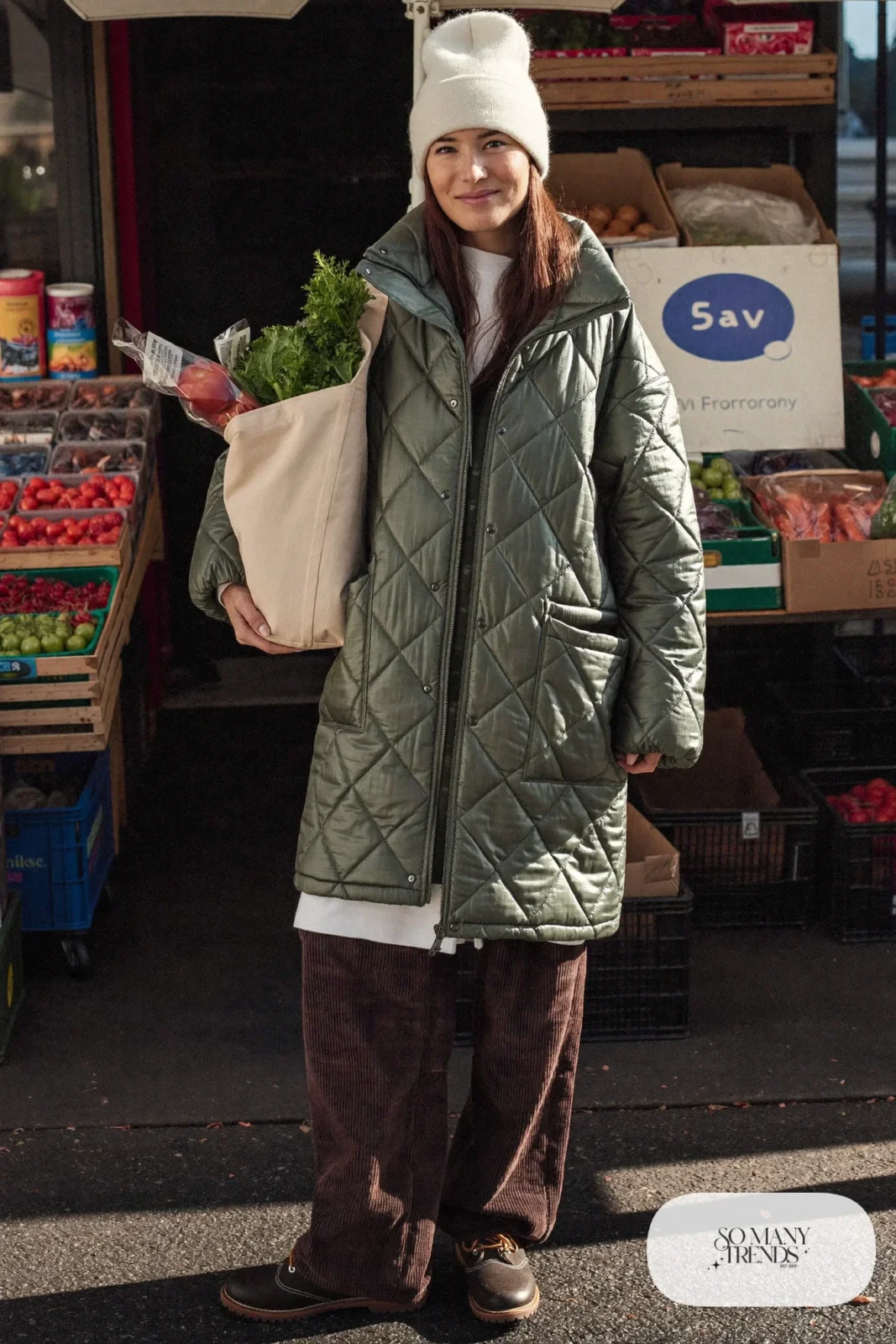 olive quilted barn jacket chocolate brown corduroy pants brown lace-up boots cream beanie canvas tote january outfit 8