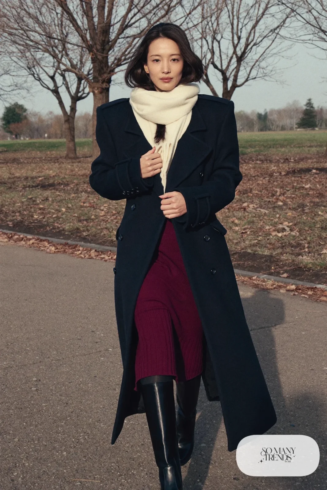 navy wool peacoat burgundy knit midi skirt black opaque tights black knee-high boots cream scarf january outfit 10