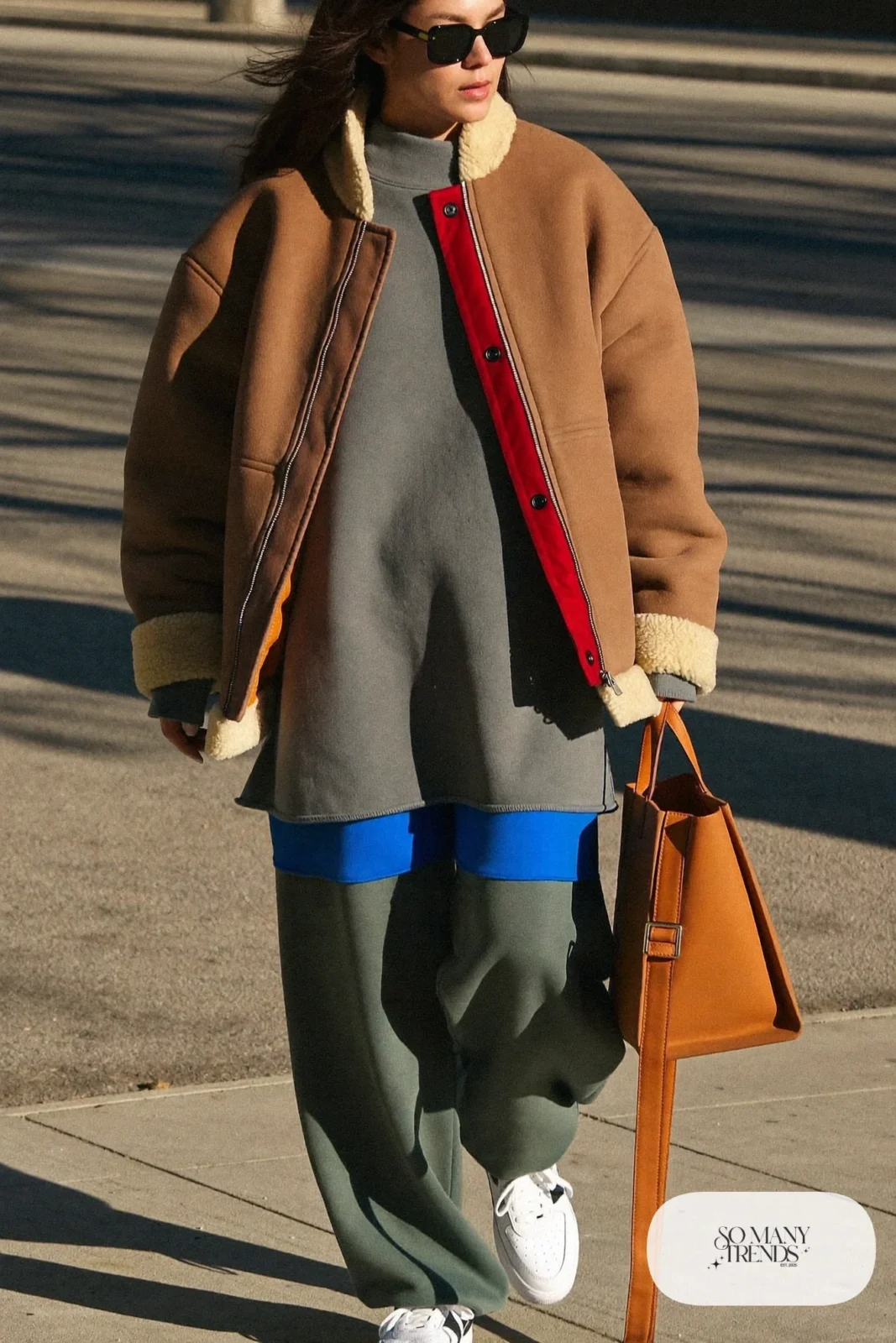 matching gray sweatshirt and sweatpants set tan shearling-lined jacket white sneakers tan tote sunglasses january outfit 11