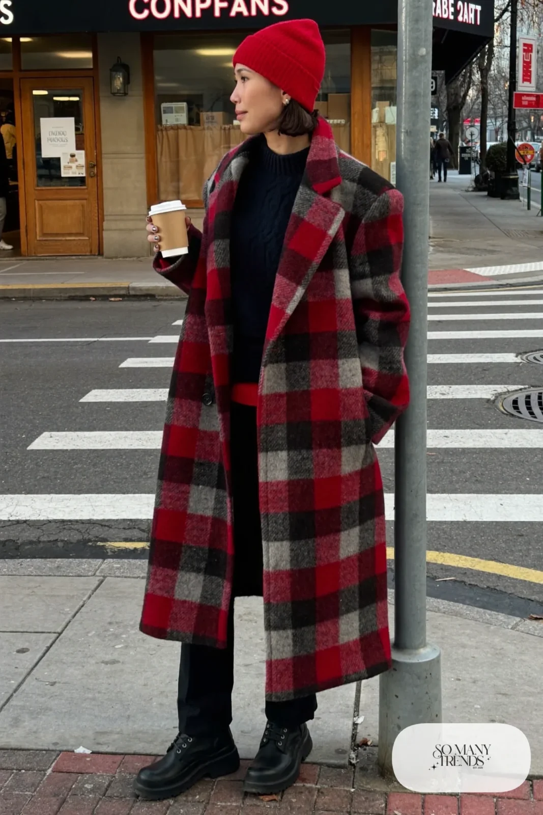 long oversized gray and red plaid wool coat black knit sweater black pants chunky black boots red beanie january outfit 12