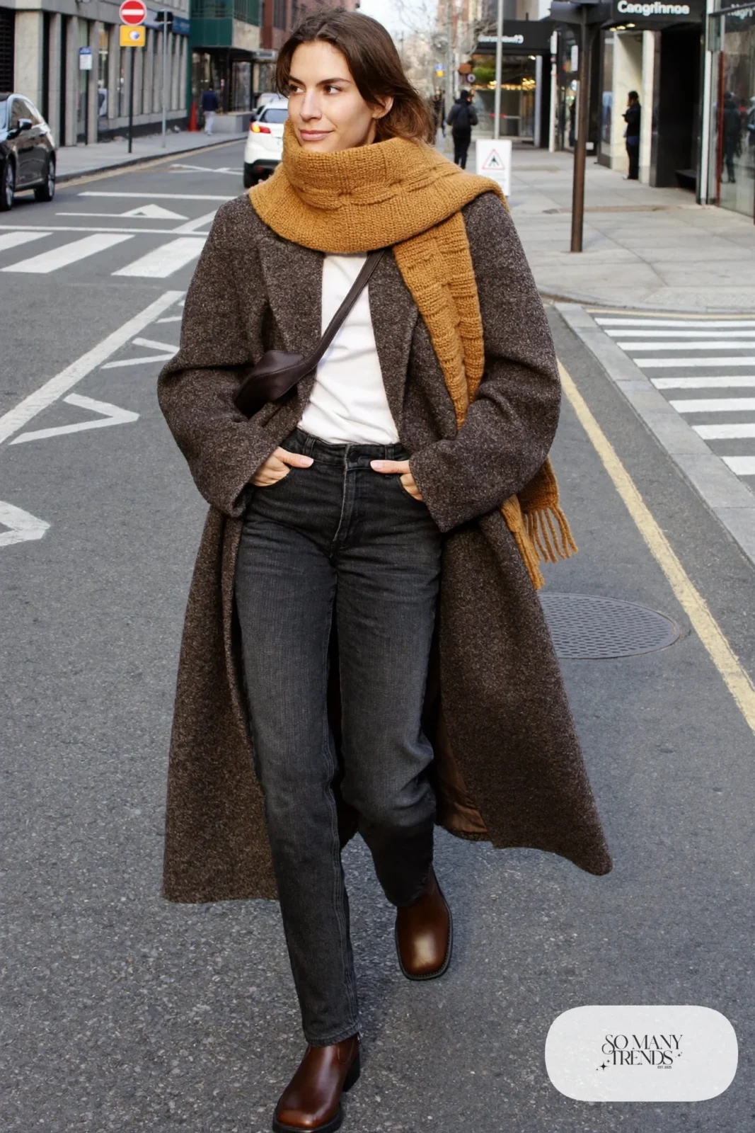 long gray wool coat mustard chunky scarf white tee dark straight jeans brown ankle boots black crossbody bag january outfit 13
