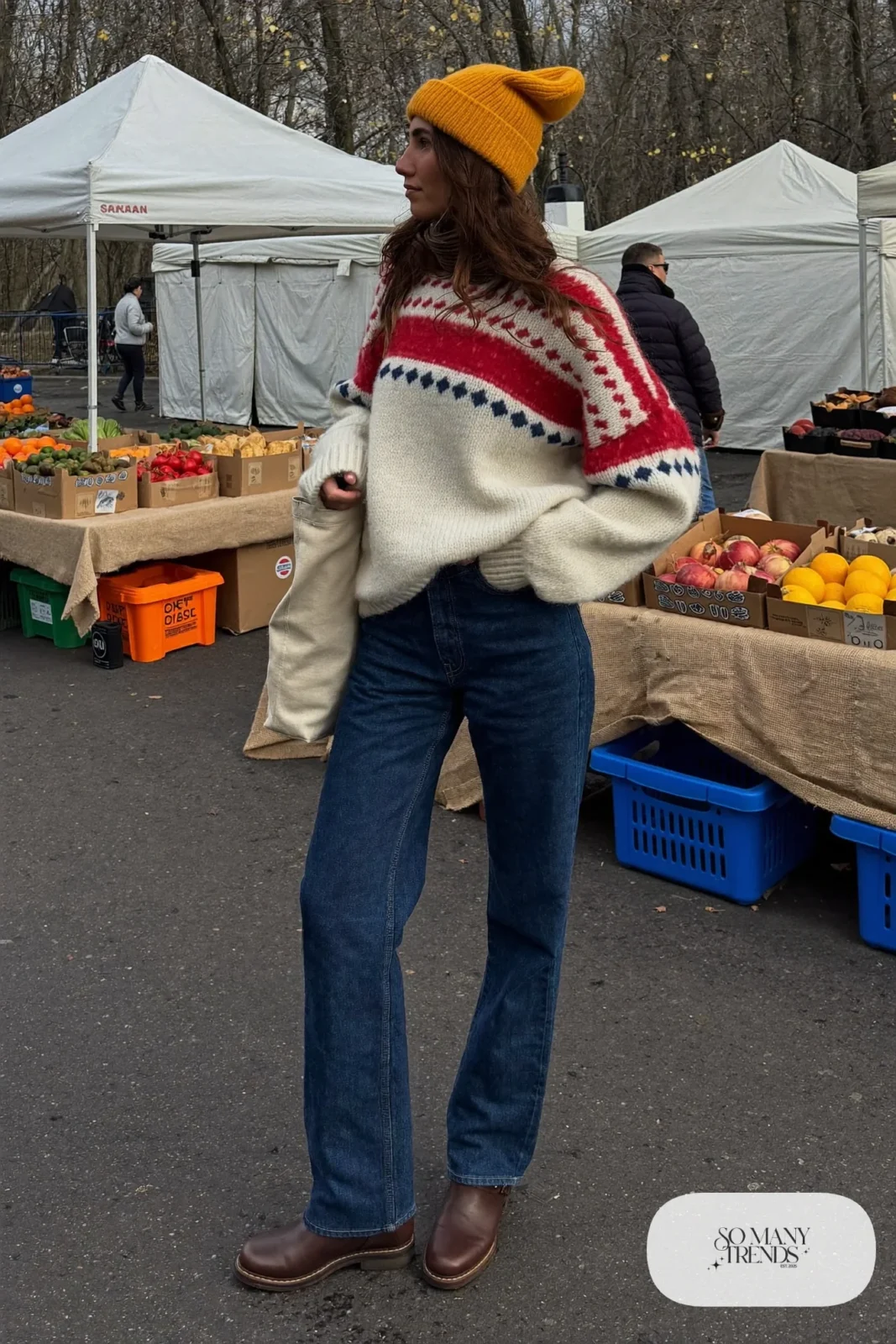 cream and red fair isle sweater dark straight jeans brown boots mustard beanie canvas tote january outfit 17