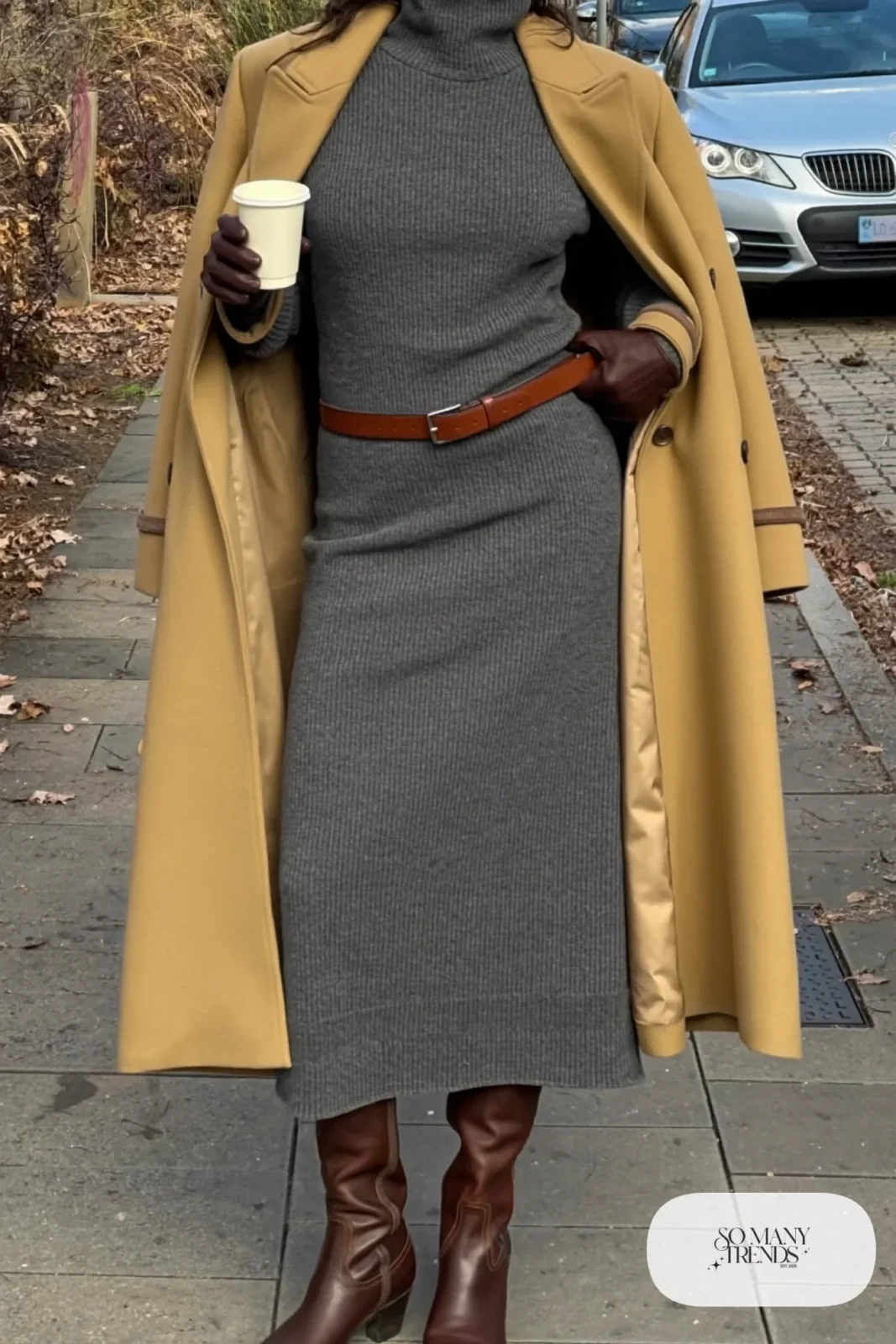 gray ribbed turtleneck midi dress tall brown leather boots camel coat brown leather belt brown gloves january outfit 20
