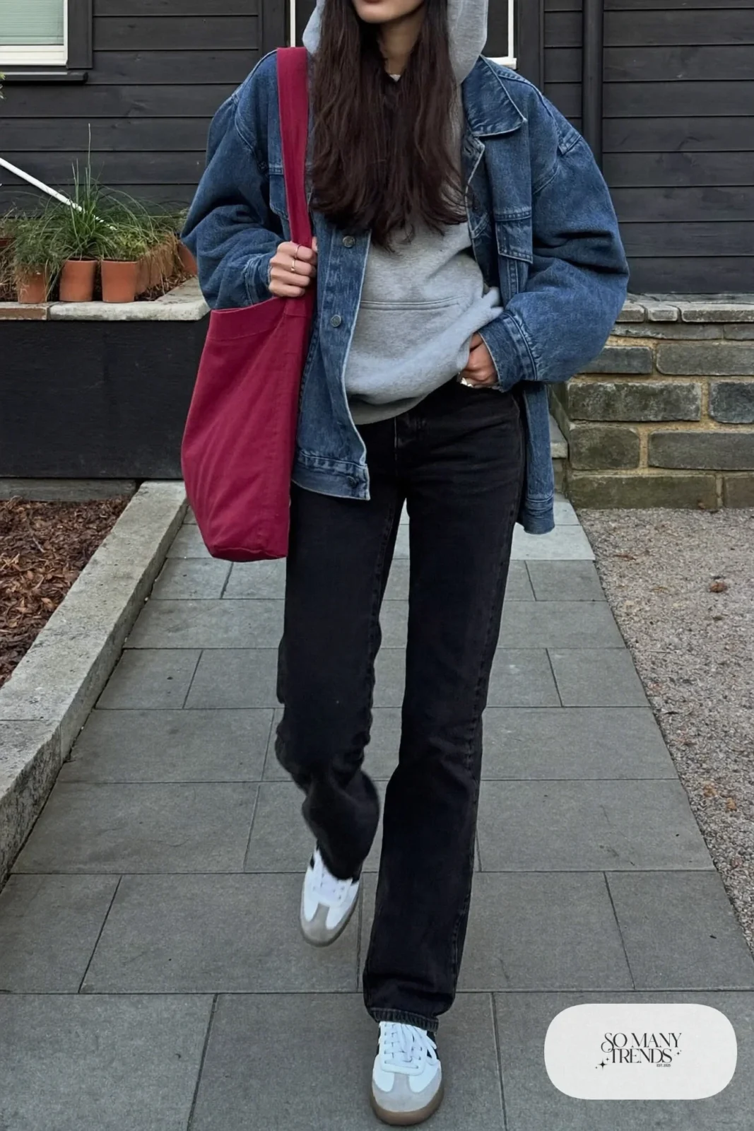 boxy mid-wash denim jacket gray hoodie black straight jeans white sneakers cherry red tote january outfit 22
