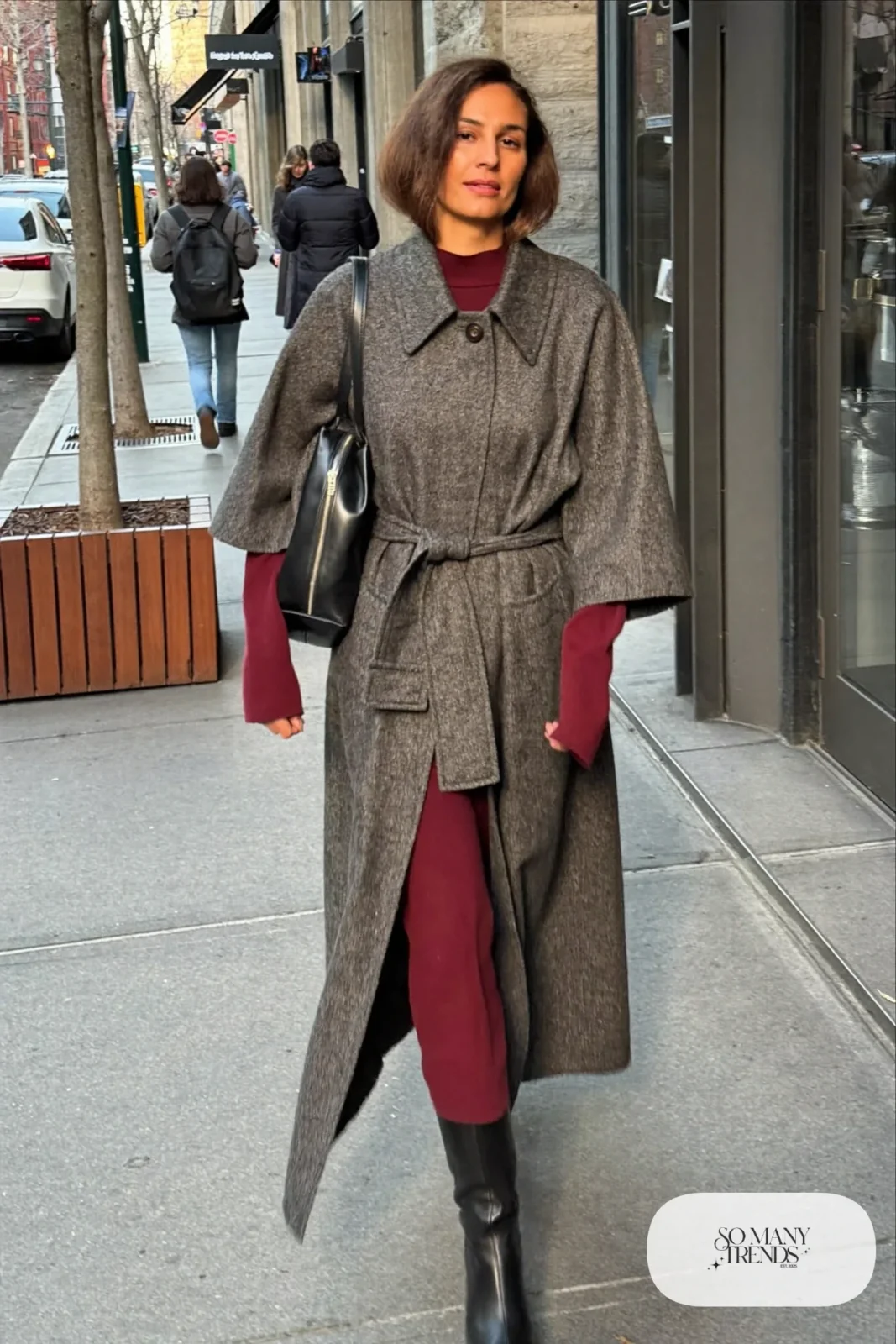 burgundy knit midi dress stone trench coat black tall boots black leather bag january outfit 23