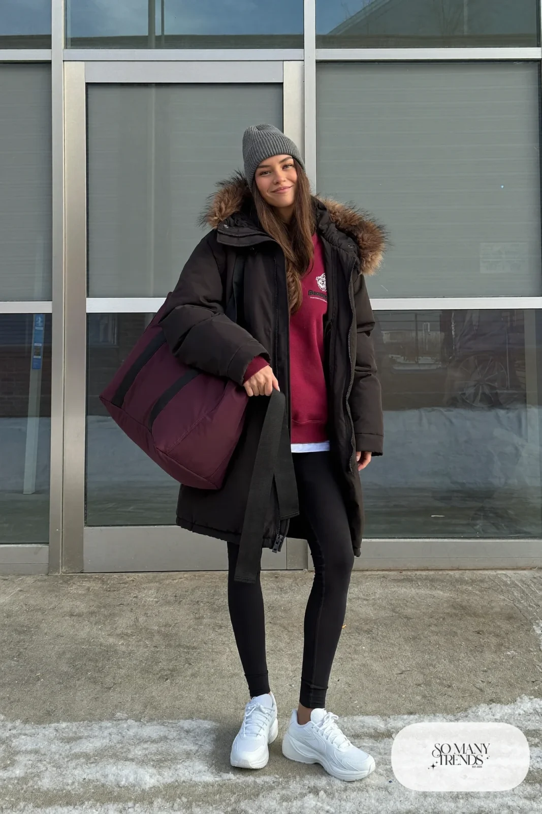 black hip-length parka burgundy sweatshirt black leggings white sneakers gray beanie gym bag january outfit 31