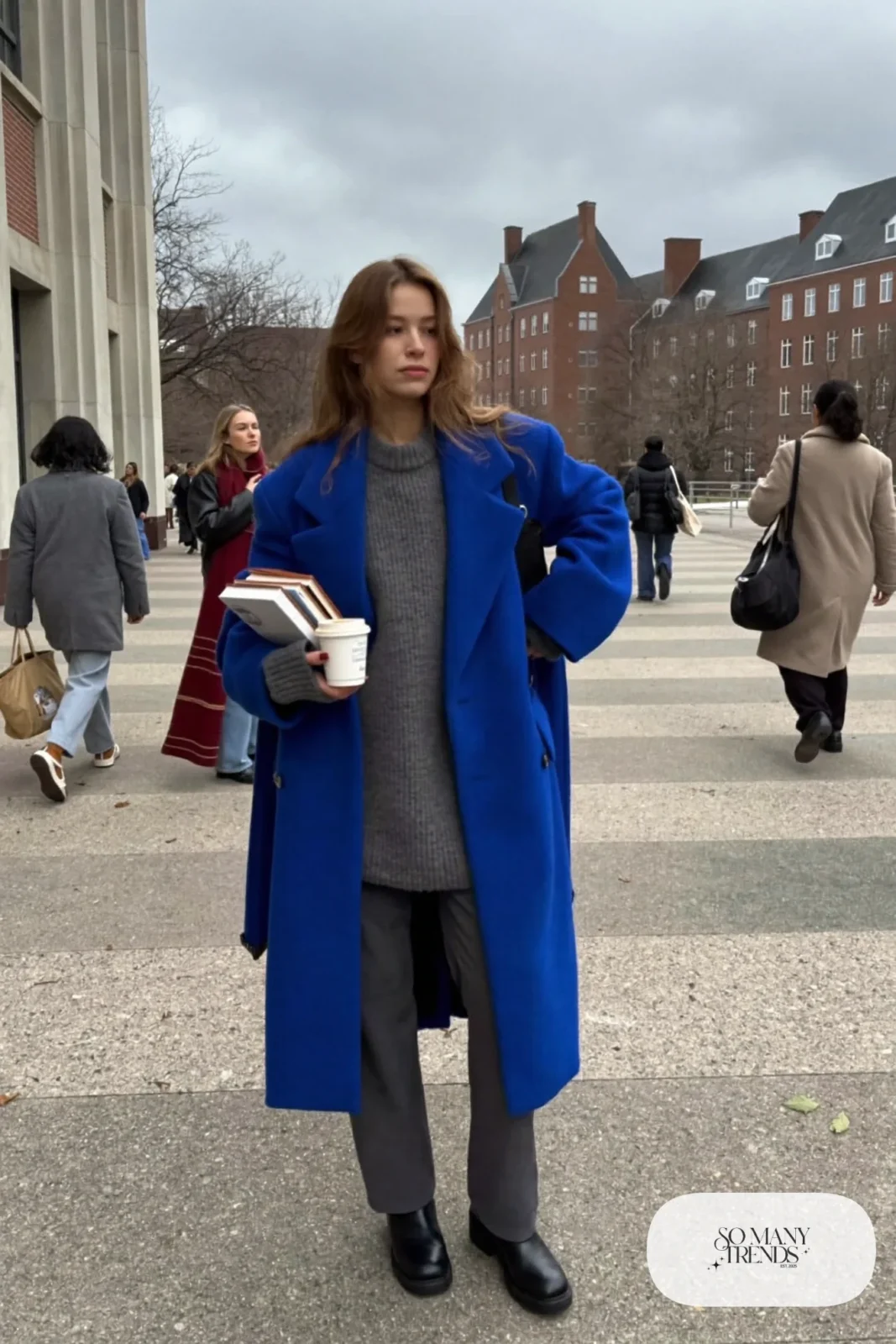 Oversized cobalt blue coat, charcoal knit sweater, charcoal straight pants, black ankle boots, winter outfit 2