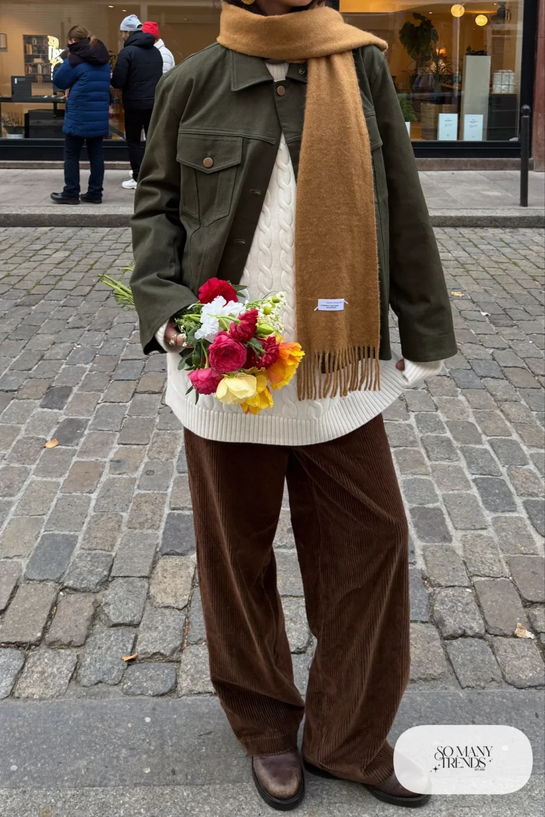 Ivory cable knit sweater, brown corduroy straight pants, camel scarf, brown boots, winter outfit 6
