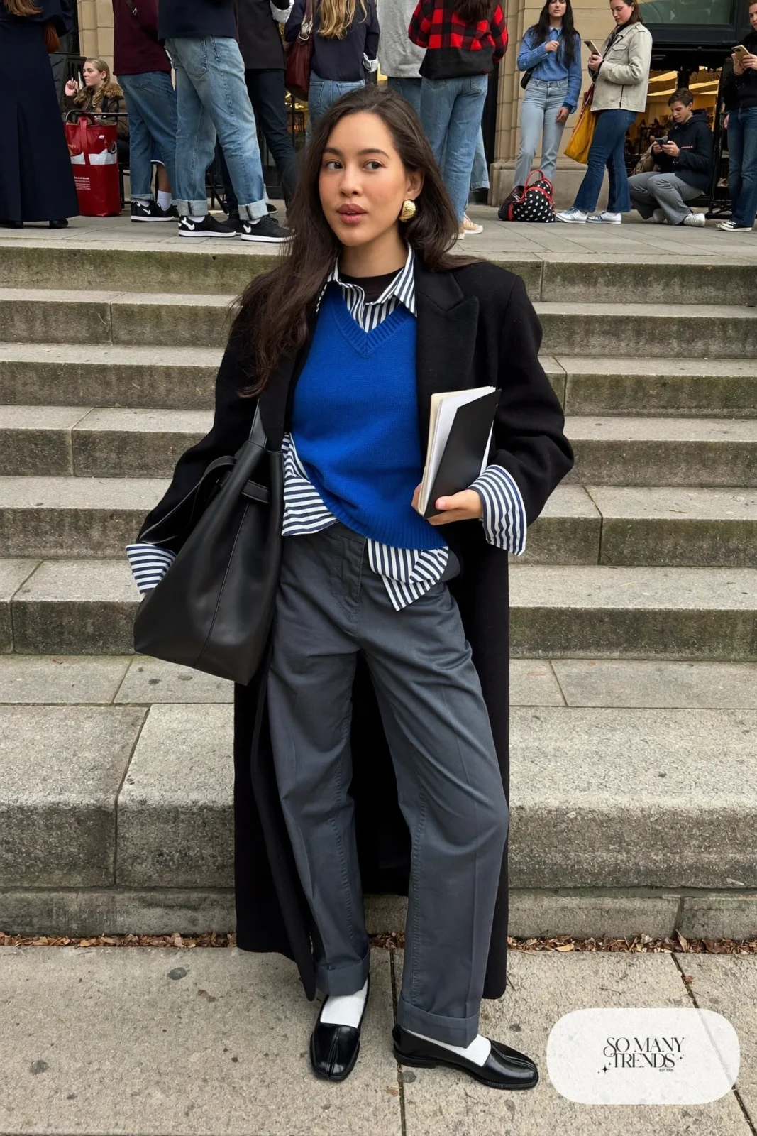 Cobalt blue knit vest, navy striped shirt, charcoal pants, loafers, long black coat, winter outfit 11