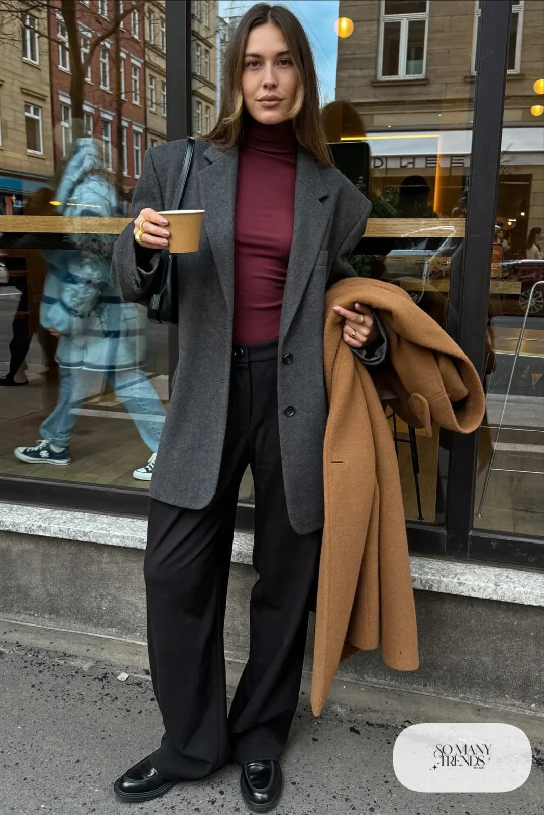 Burgundy turtleneck, oversized charcoal blazer, wide-leg black pants, black loafers, small shoulder bag, winter outfit 13
