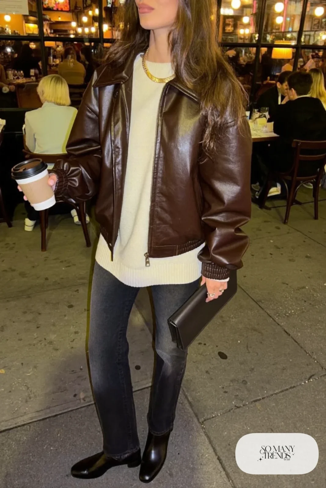 Brown faux leather boxy jacket, cream knit sweater, dark straight jeans, ankle boots, gold chain, winter outfit 15