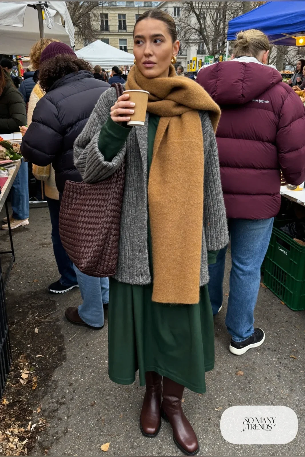 Forest green long-sleeve midi dress, gray chunky cardigan, tall brown boots, winter outfit 16