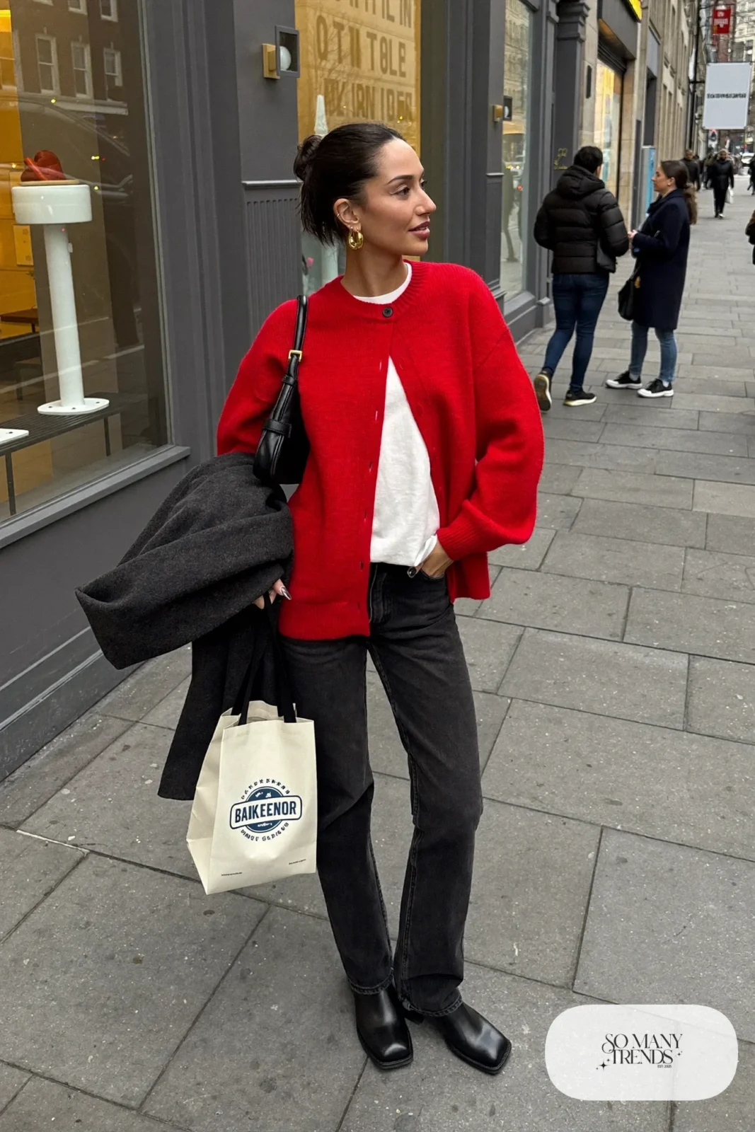 Cherry red cardigan, white tee, black straight jeans, black boots, gold hoops, winter outfit 18