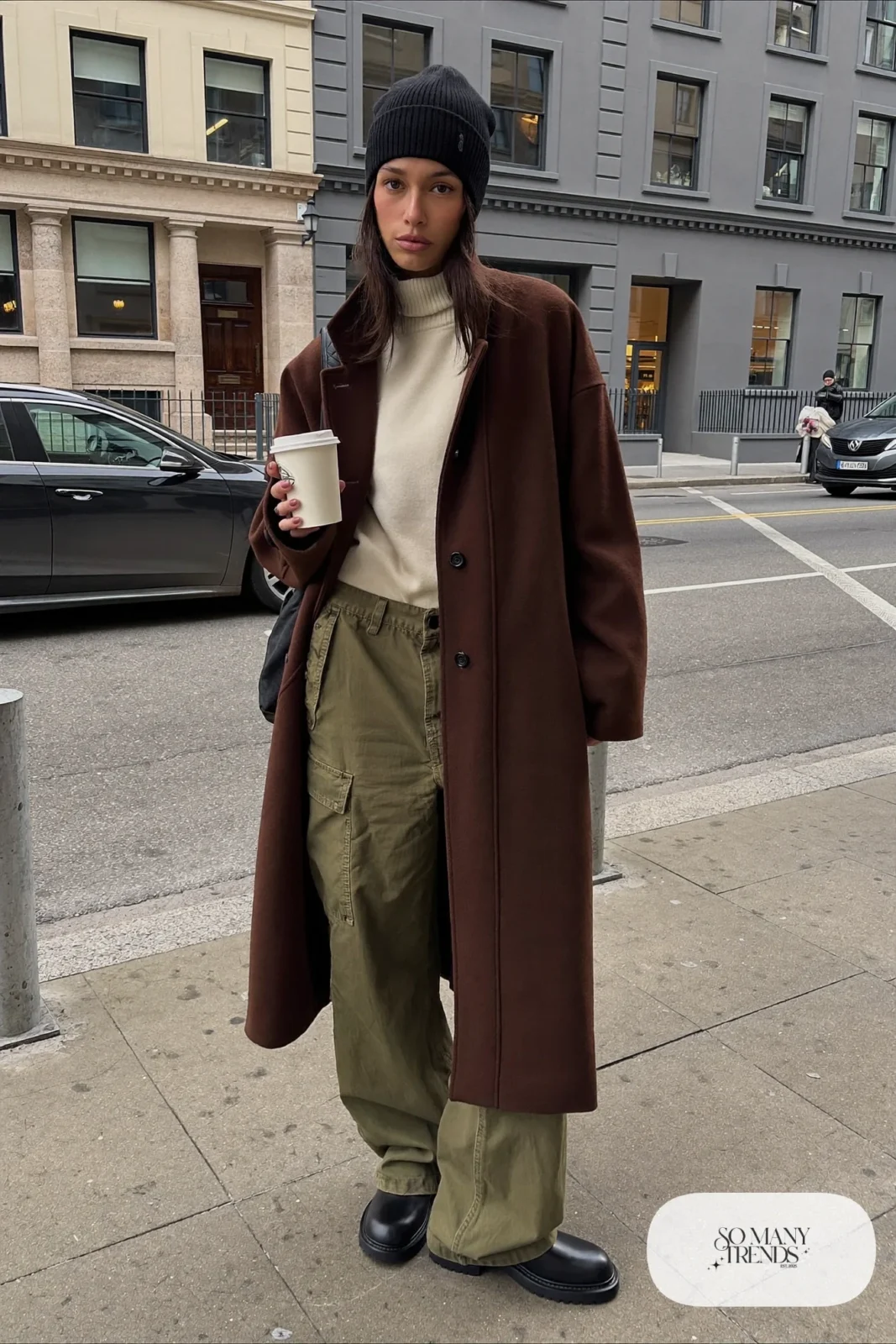 Chocolate long wool coat, ivory turtleneck, olive cargo pants, chunky black boots, winter outfit 19