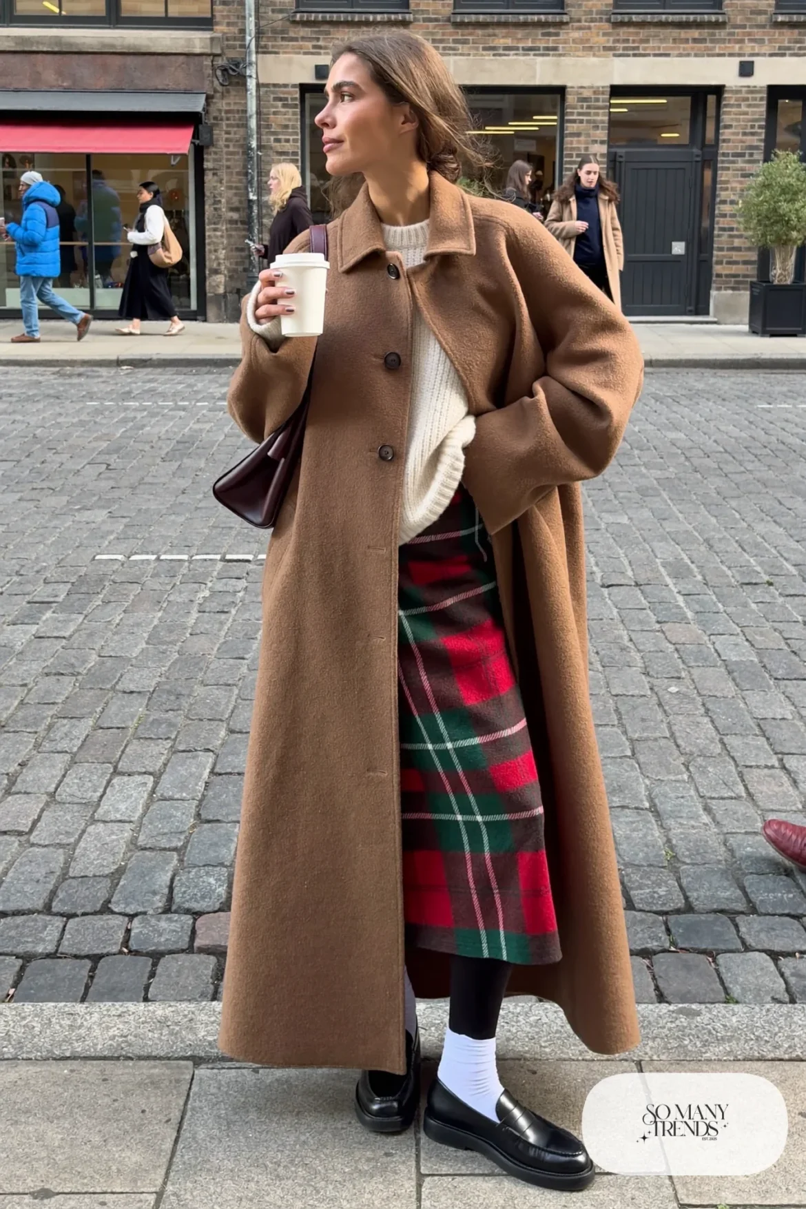 Plaid wool midi skirt, chunky ivory sweater, black tights, black loafers, camel coat, winter outfit 20