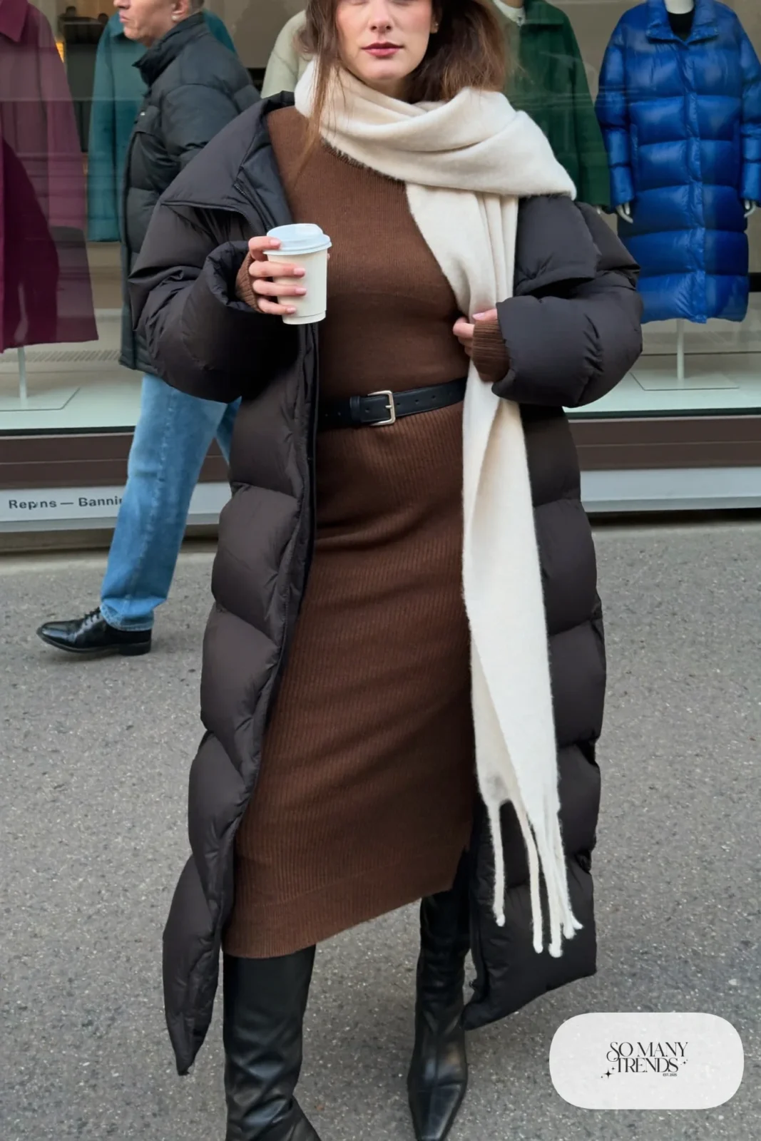 Chocolate brown knit midi sweater dress, black belt, long scarf, tall black boots, puffer coat, winter outfit 21