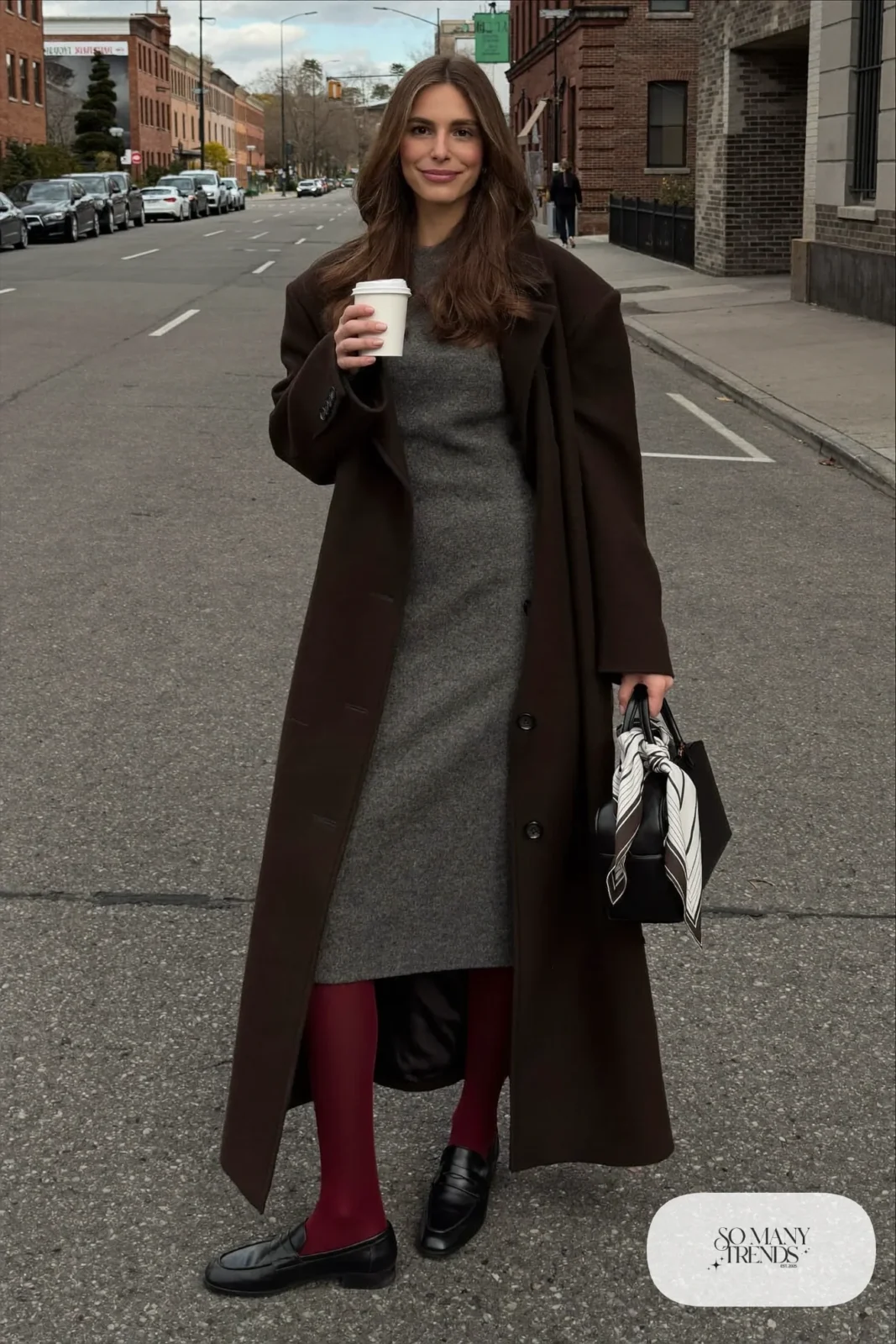 Gray wool long-sleeve dress, burgundy opaque tights, black loafers, black coat, silk scarf, winter outfit 23