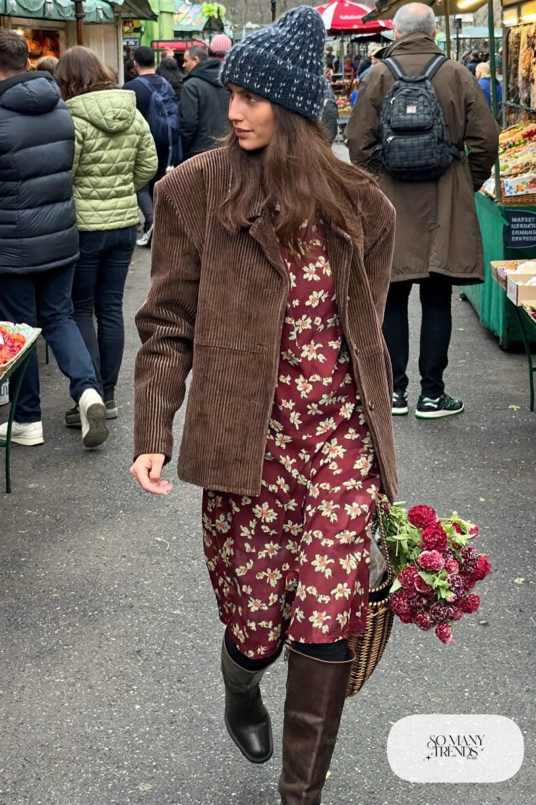 Burgundy floral long-sleeve midi dress, brown corduroy jacket, tall boots, tights, winter outfit 25