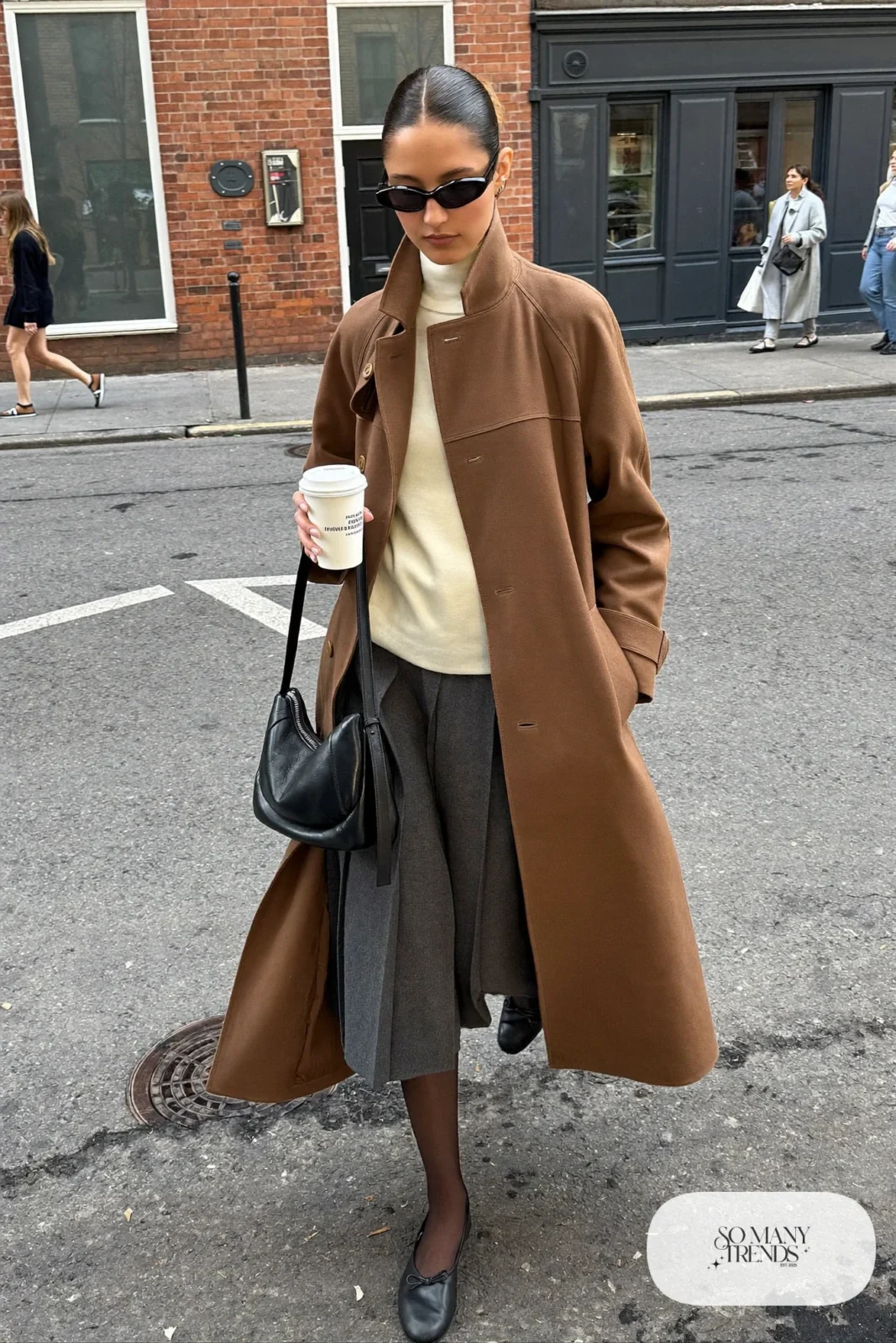 Charcoal pleated midi skirt, cream turtleneck, camel trench, black ballet flats, sheer tights, winter outfit 26