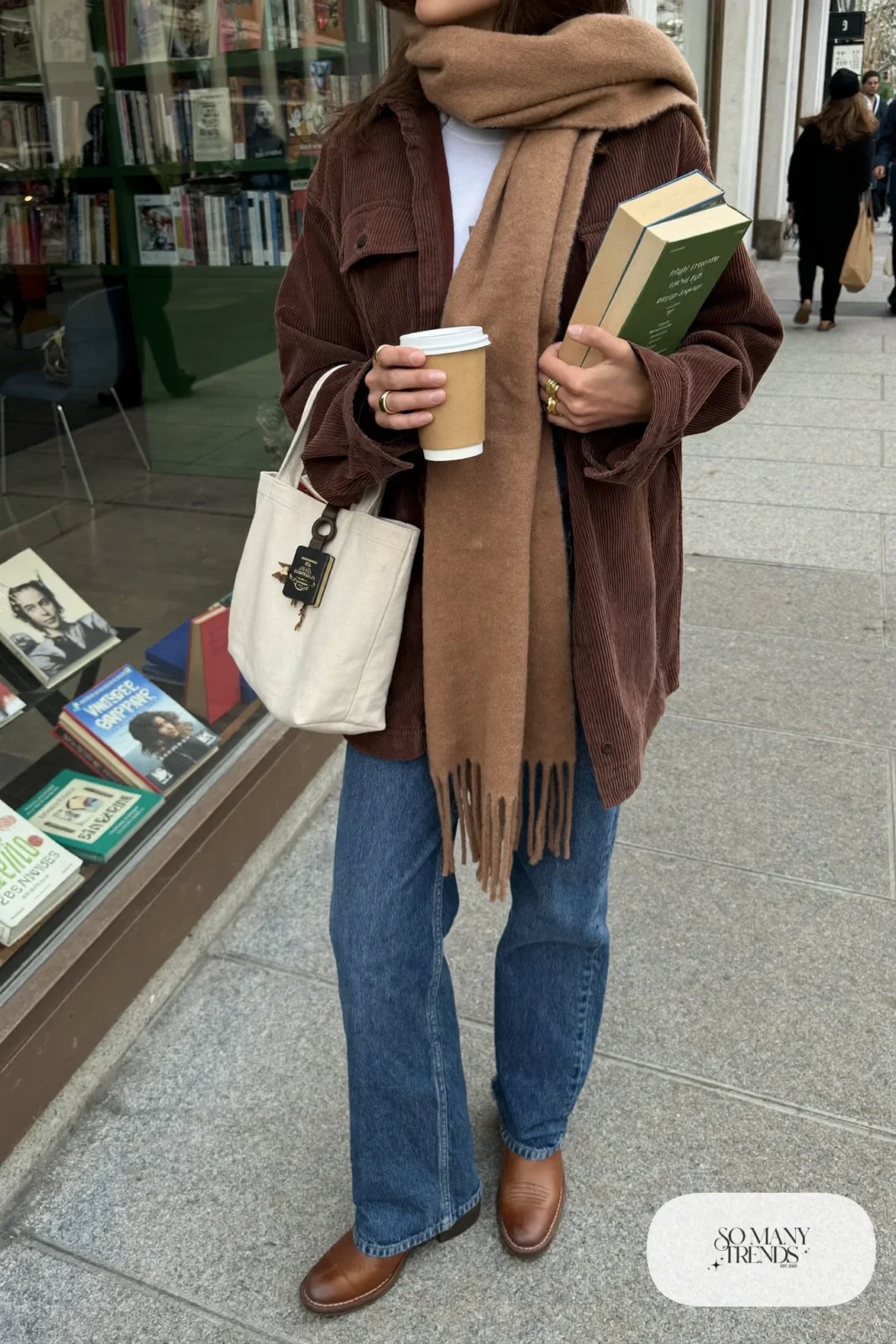 Rust corduroy overshirt, white tee, straight jeans, brown boots, canvas tote, winter outfit 29