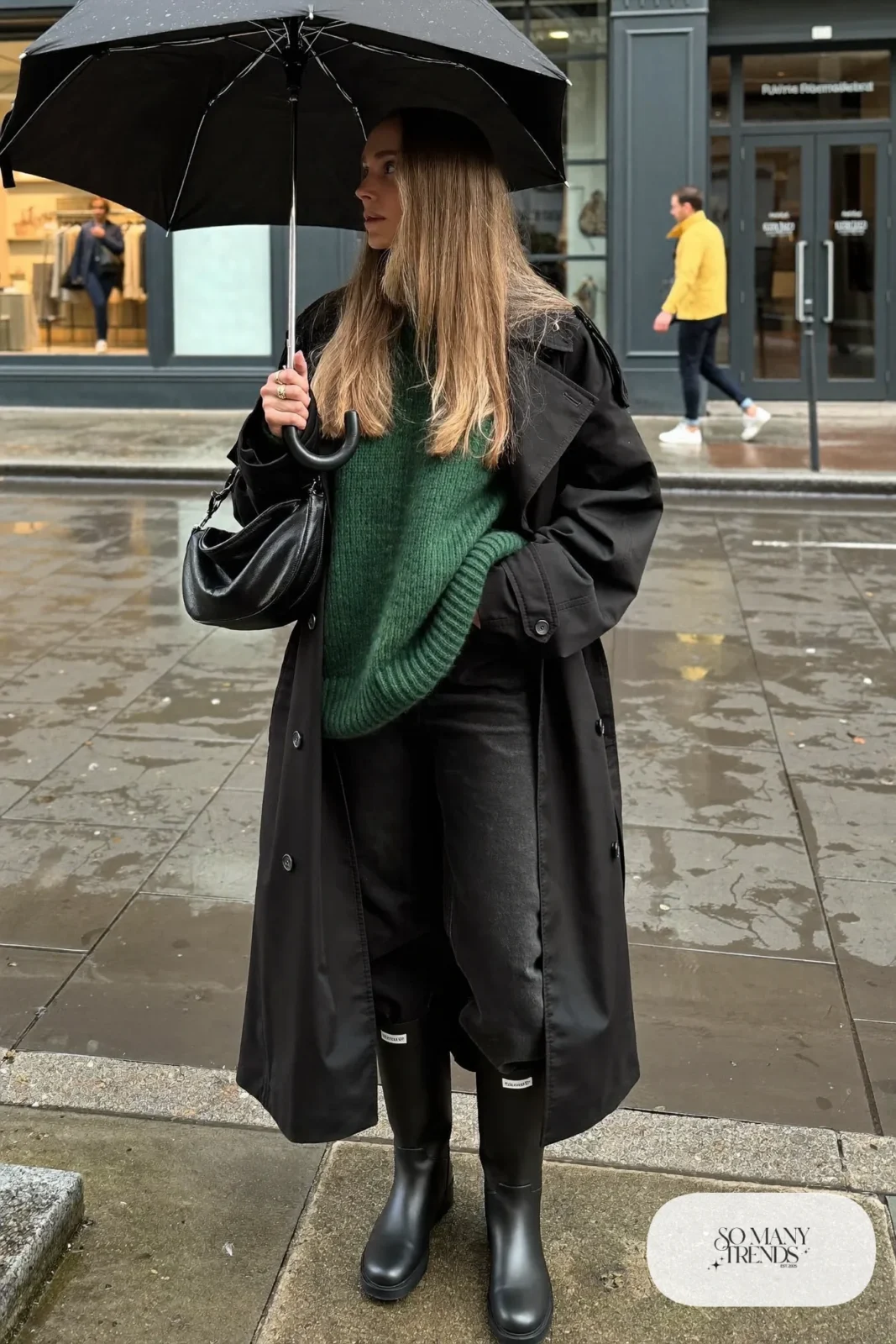Black water-resistant trench coat, forest green sweater, black jeans, waterproof ankle boots, umbrella, winter outfit 30