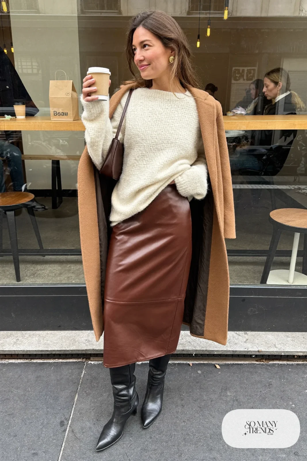 Ivory fuzzy sweater, brown faux leather midi skirt, tall boots, gold earrings, small bag, winter outfit 31