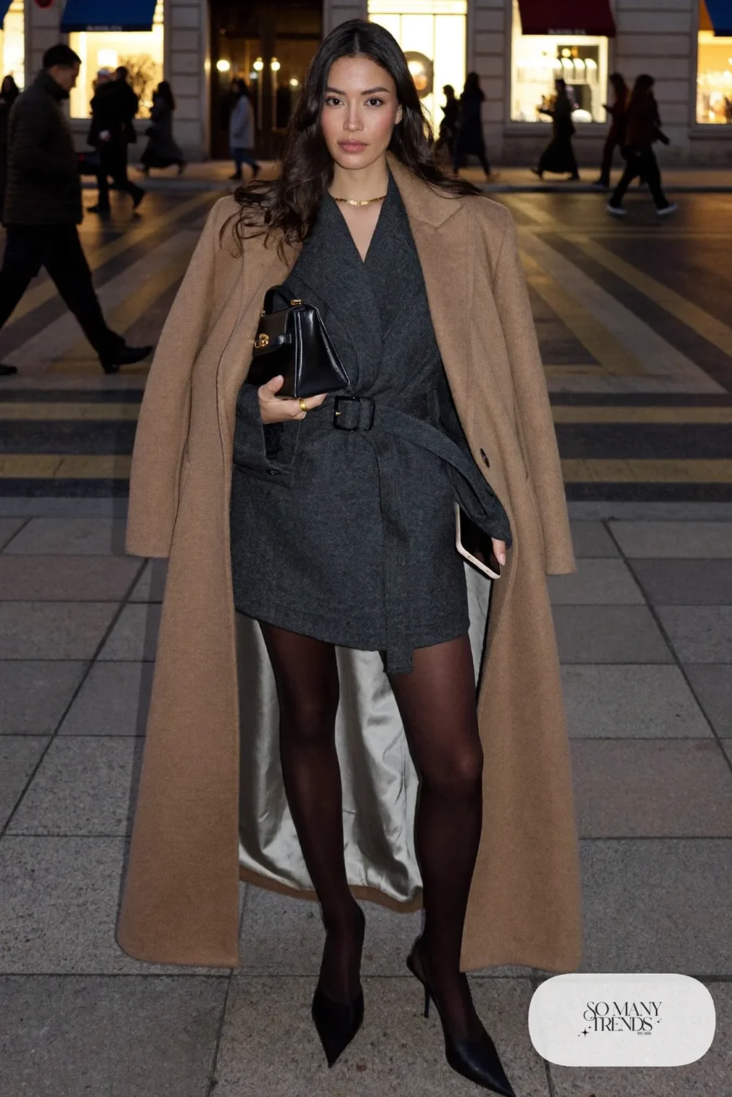 Charcoal wool blazer dress, black tights, closed slingbacks, long coat, gold chain, winter outfit 36
