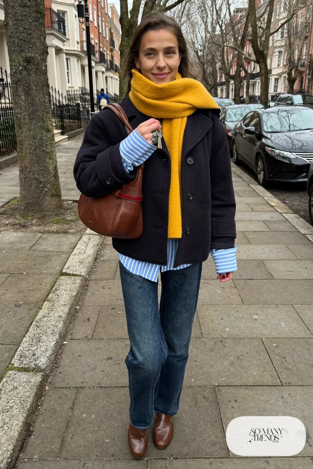 navy wool peacoat blue striped long sleeve shirt dark straight jeans brown loafers mustard scarf leather shoulder bag outfit 5