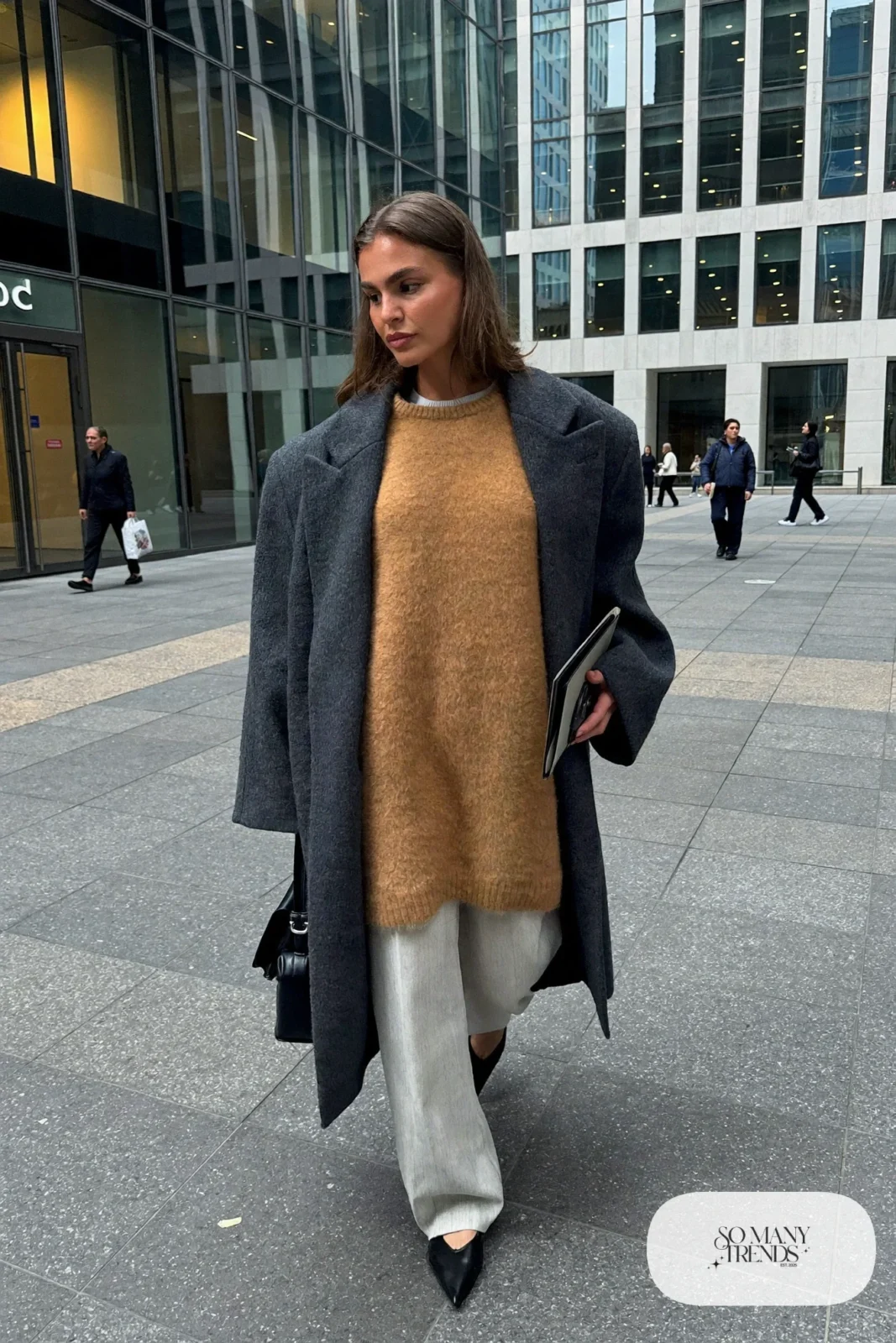 charcoal oversized wool coat camel knit sweater light gray wide pants black pointed flats leather bag outfit 9