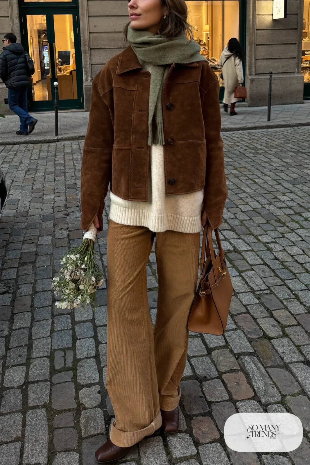 chocolate brown suede boxy jacket cream chunky sweater camel wide leg corduroy pants brown boots green scarf leather bag outfit 12